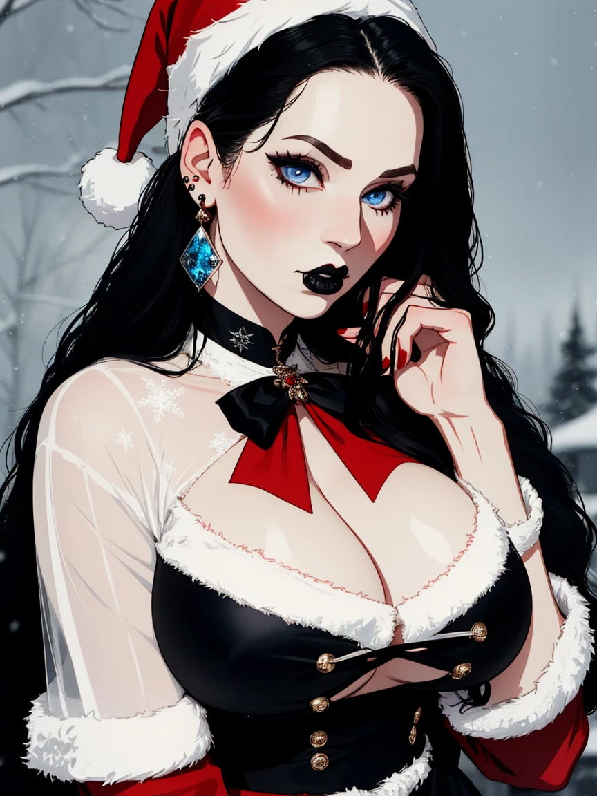 Mrs Claus, long black hair hair, milf, busty, sleigh, goth. black hair, piercings, gothic, pale skin, lip piercing, nose piercing, pale white skin, santa hat, pale blue eyes, snowing in background, blizzard, night, lip piercing, nose piercing, ear piercings, gothic