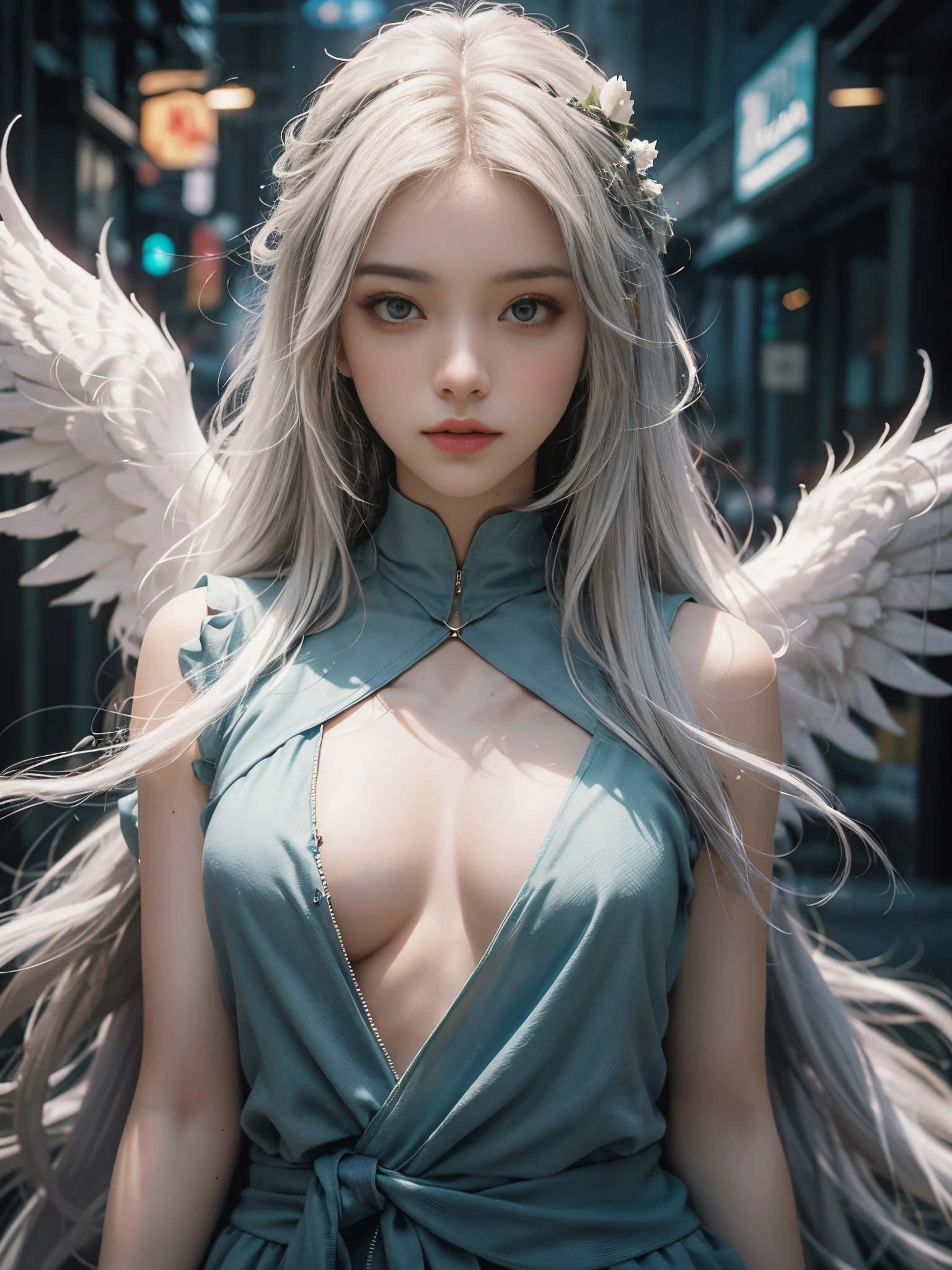 Close-up of woman with white hair and white mask、beautiful character painting、guweiz、Artwork in the style of Gwise、white haired god、Jan J、epic exquisite character art、Stunning character art、Fanchy、Uzunsifan、Guweiz on the Pixiv art station,Faces of reality,Real people,Photo quality,Real person footage captured on camera,Shooting from the waist up,Live-action feeling,Quite light clothing,see-through underware,Beautiful clear eyes,Beautiful sparkling eyes,being thin,strong-willed gaze,A living angel who descends to earth and blends into ordinary life while hiding his true identity in the human world.,angels don't wear underwear,angel has small breasts,