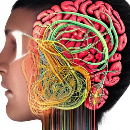 a close-up of a human head with brain and several wires, a digital rendering by Bryan Organ, pexels, arte digital, visible nervous , medical depiction, neuroscience, anatomia hiper-realista content, nervo , visible nervous system, anatomia hiper-realista, nervos, circuitry visible in head, anatomia cerebral, human brain, neural, interface cerebral