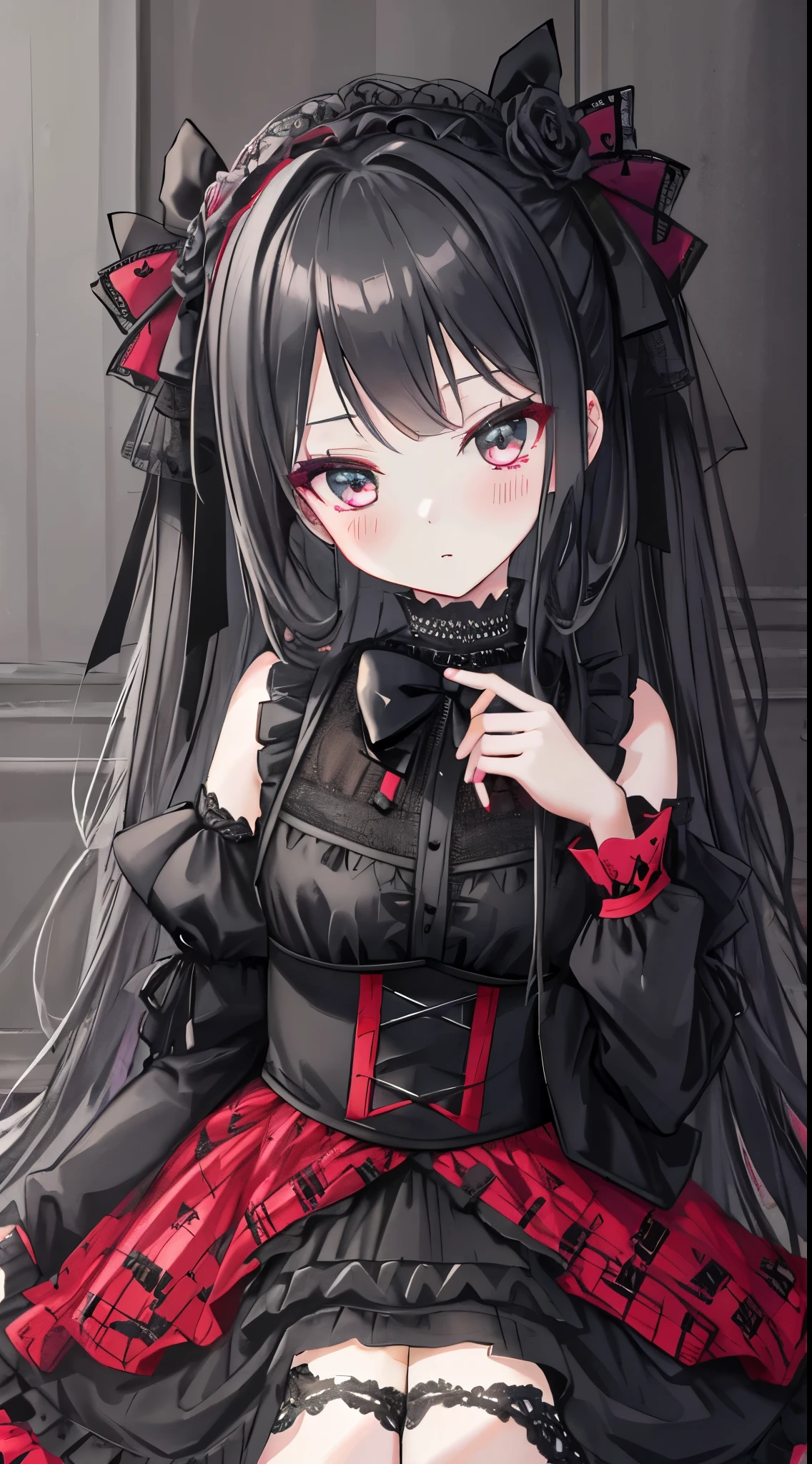 black lace dress, Bow, Lorita fashion, Lorita style, Anime Girl , Lori, Cute, angelic pretty, Lori, portrait of Lorita girl, red checker, y 2k, Y2K, emo style, non-mainstream, red checker, mine-series girl, harajuku style, exaggerated dressing, complicated decoration, rock style, gothic styles