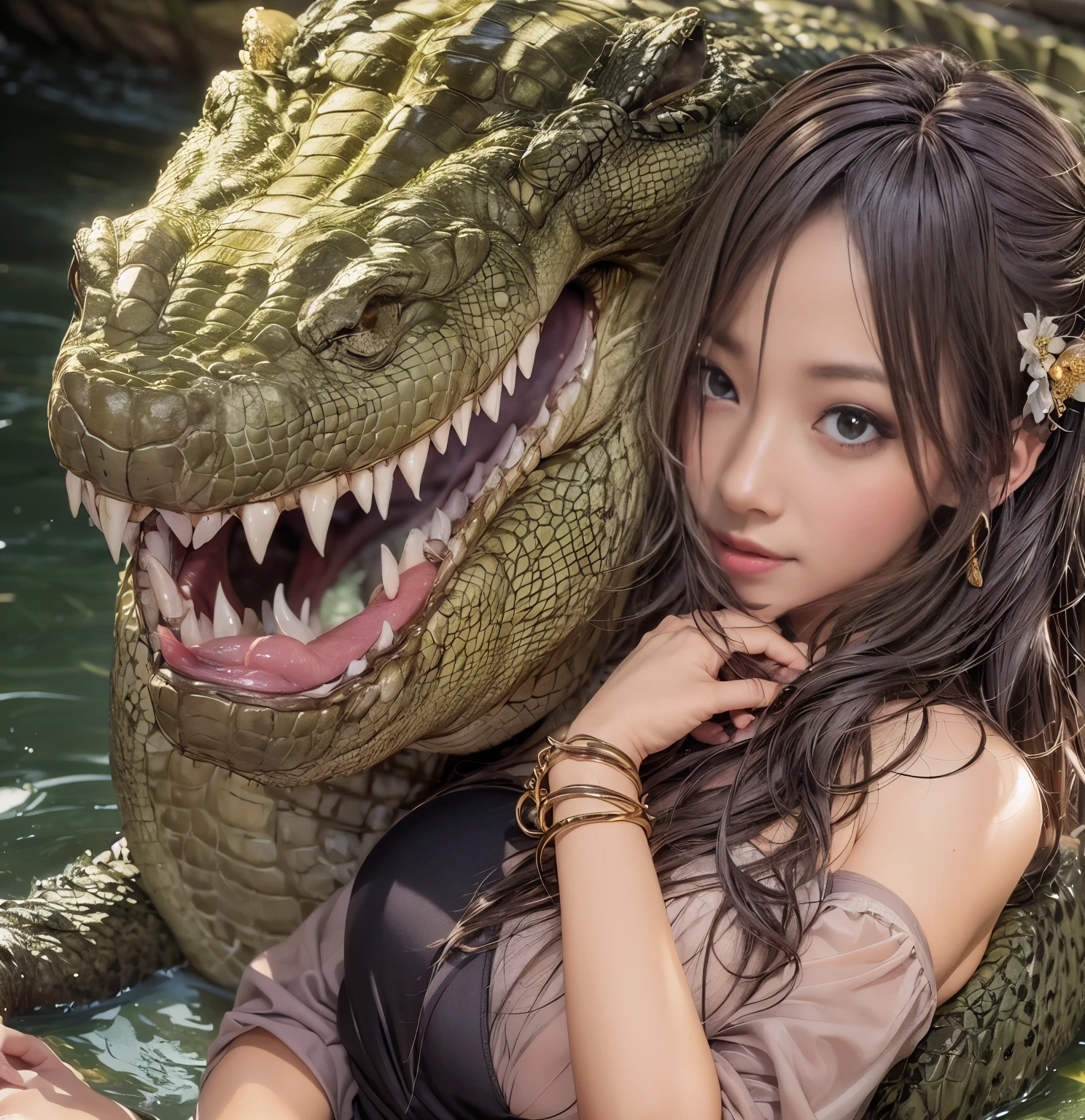 real high definition jungle, sand, beautiful girl elaborate face big eyes big eyes smiling, beautiful skin dark brown hair full body, wearing a white micro bikini (there is a black giant Komodo dragon, a girl is sleeping on the back of a Komodo dragon), a lot of Komodo dragons are intertwined with girls, (girls look happy, straddle Komodo dragons, Komodo dragon sticks out its tongue and licks the girl)