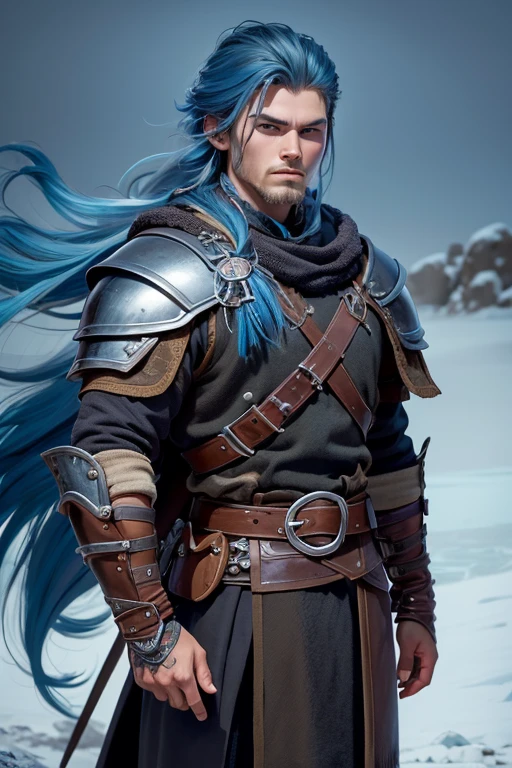 (La mejor calidad, realista, cold colors),19 year old Viking boy, vistiendo una vieja armadura de cuero vikingo, cabello largo y oscuro, Rostro armonioso, Film catalogue, movie advertisement, realista imagen, cold colors