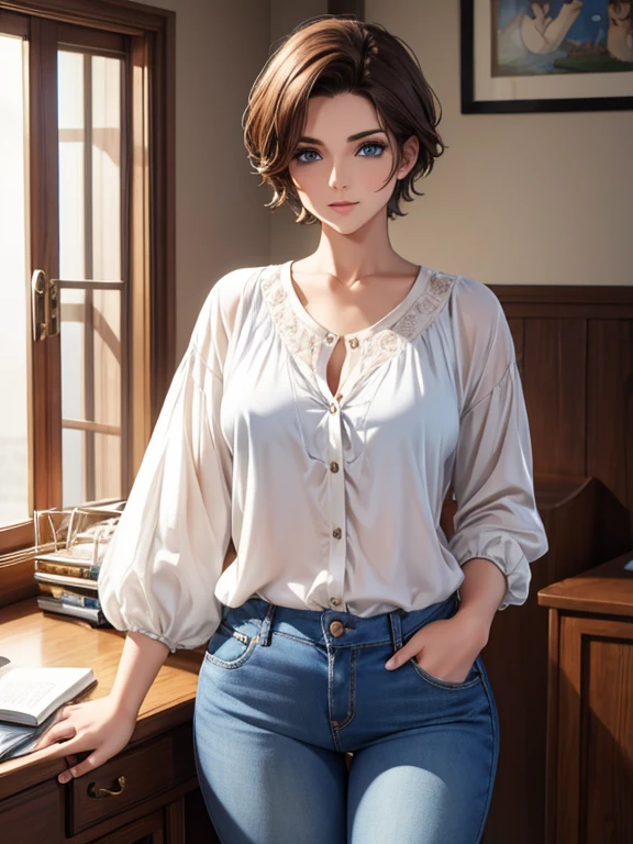 Beautiful Pixie short brown hair woman blue eyes white blouse blue jeans in her room