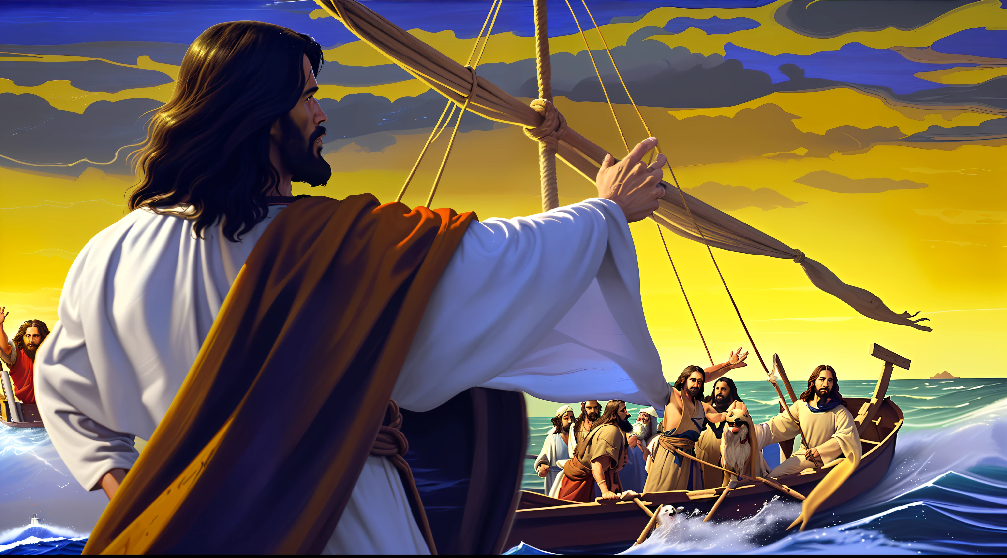 Painting of Jesus on a boat with a dog and a group of people, Jesus walking on water, epic biblical representation, bible illustration, Directed by: Antonio Ciseri, biblical painting, Jesus Cristo, na proa, the sea and storms behind him, Directed by: Ricardo Mayhew, por Mort Artists, Directed by: Tim Hildebrandt, espreitando do seu pesado, Pedro