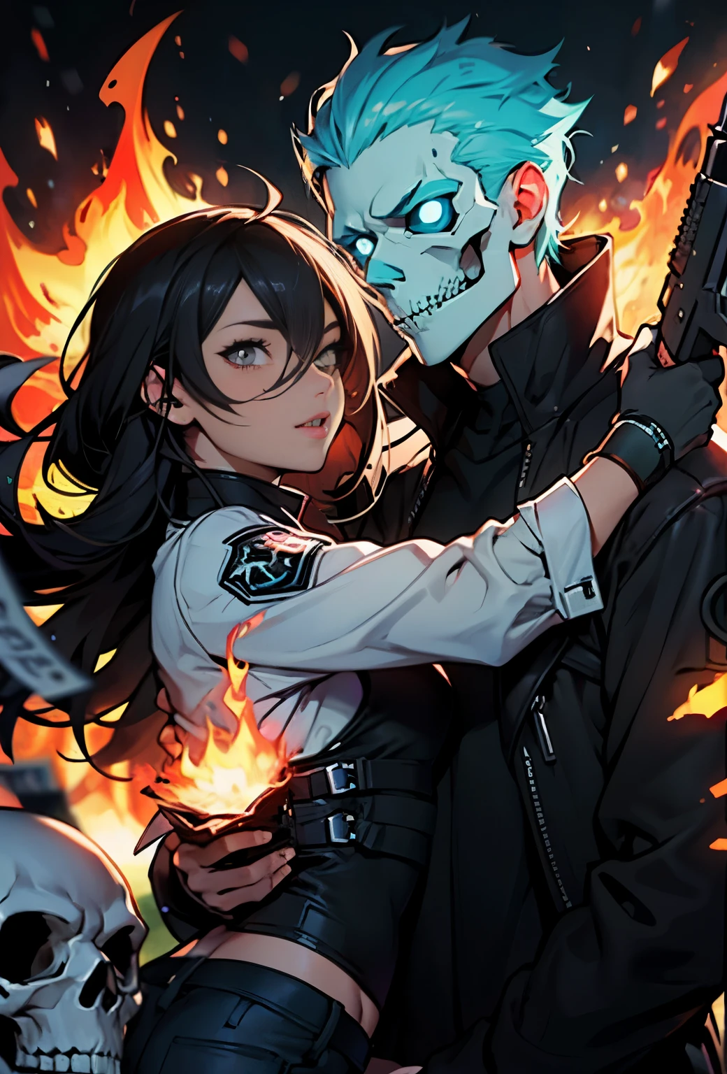 /imagine prompt: skull fire with gun llustration for a logo with a black background, in bold outline style, jagged edges, trashcore, light shading --v 5.2