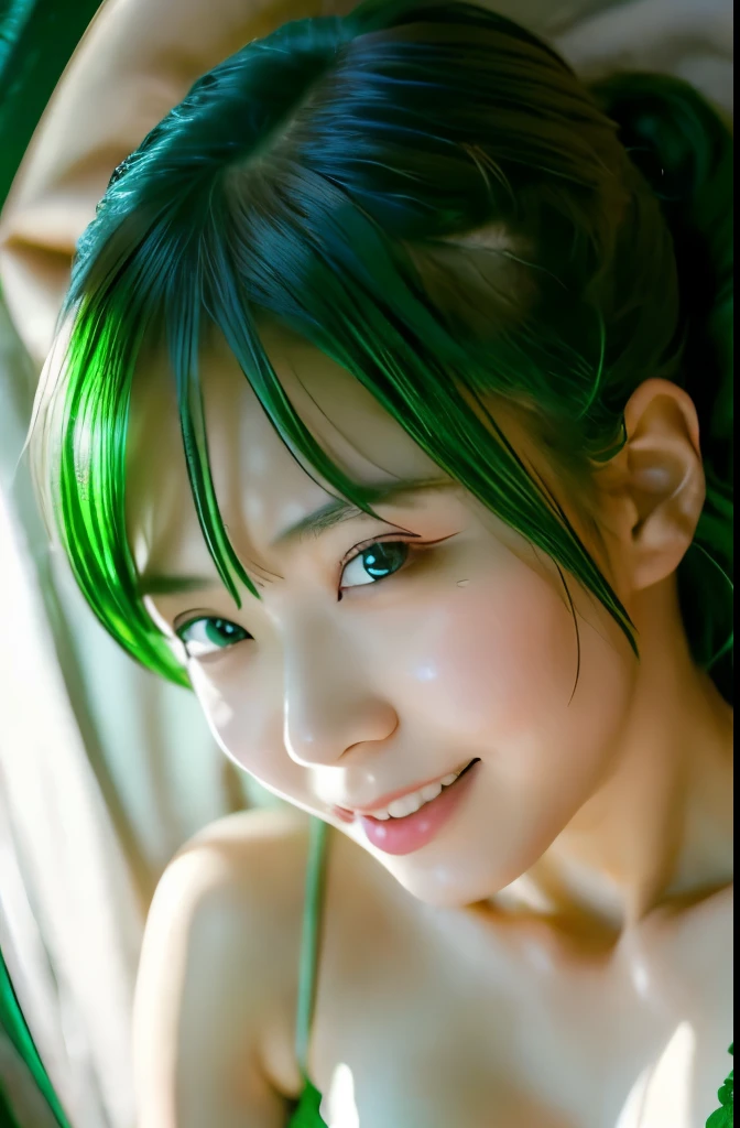 masutepiece, Ultra-detailed, Realistic, Photorealistic, Cinematic lighting, Beautiful detailed glow, Light leak, Green hair, Woman, Green lingerie, Private space, Bedroom, Green decoration, Tranquility, allure, Slightly open mouth, provocative gaze, mischief, dimly lit, elegant indoor, in her 20s, japanes, Slouching