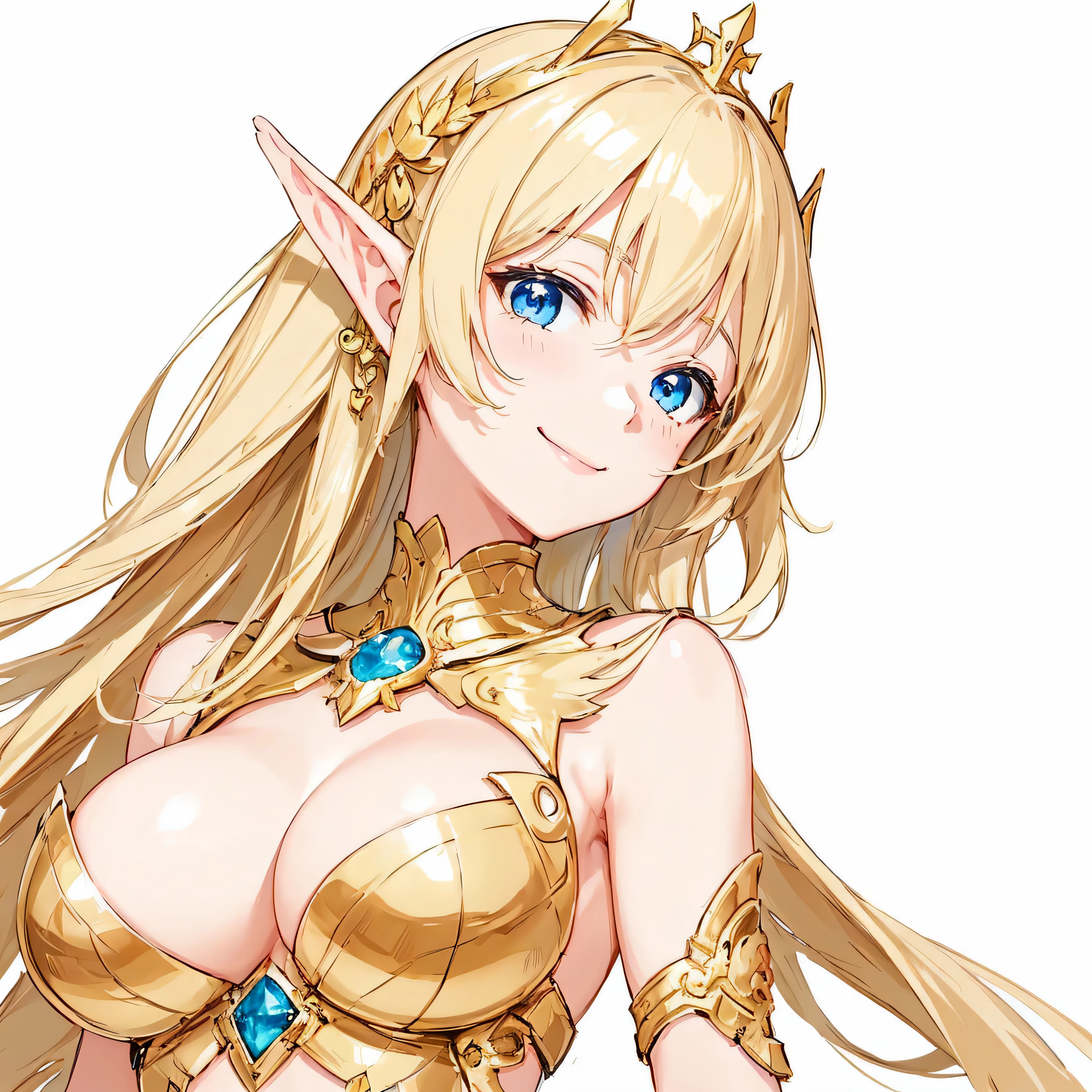 masterpiece、top-quality、ighly detailed、hight resolution、16k、fullnude、teats、Teetoob proportions、elvishの女の子、golden armour、Very thin skirt、Black pants、Very white skin、Beautiful fingers、Anime girl with very big breasts posing naked、Perfect Style、elvish、no-bra、Blonde blue-eyed、A smile、slim the contours