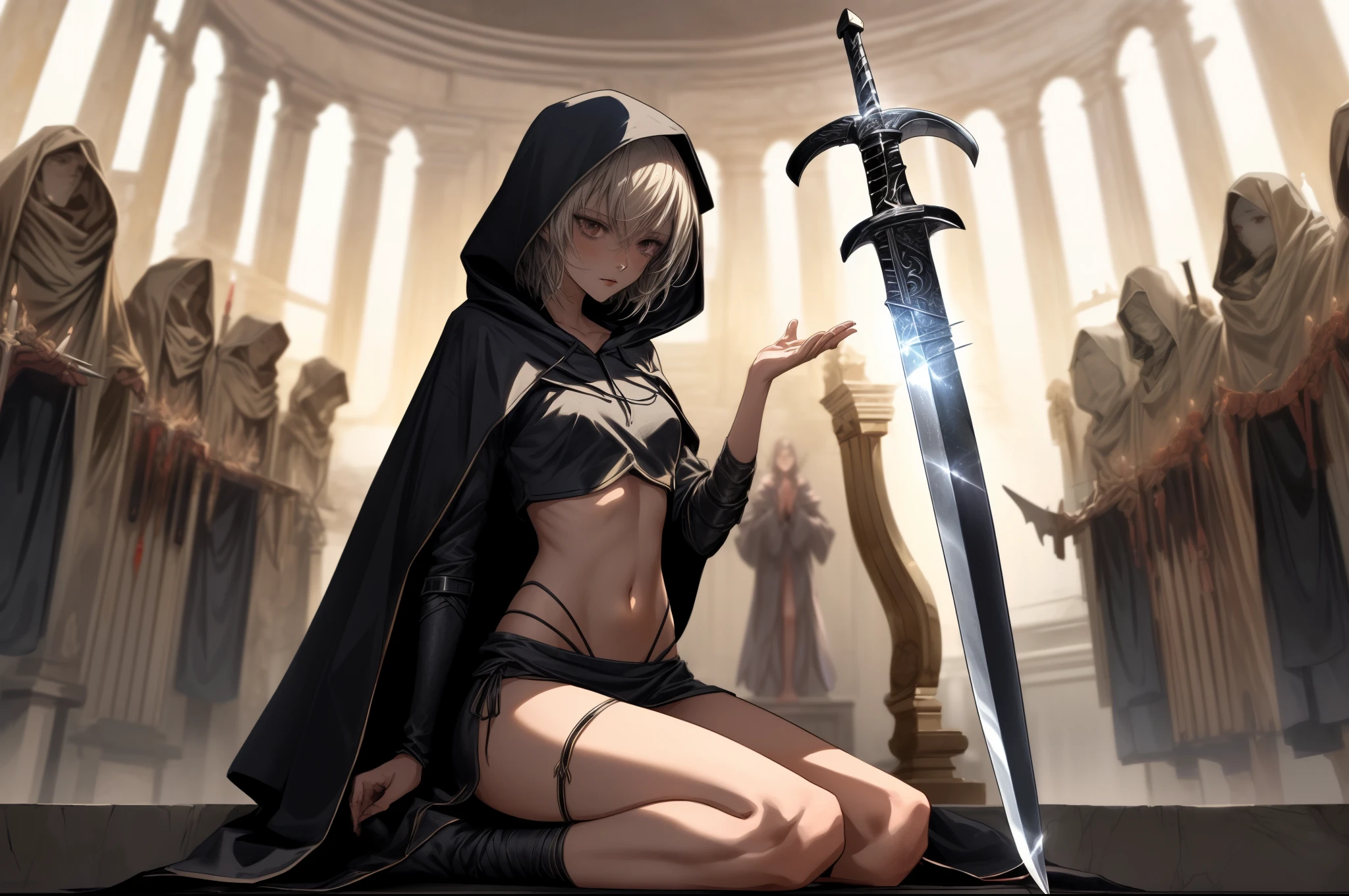 Golden hair、medium hair、red eyes、Plain gray background、naked、beautiful girl、Expressionless、standing position、have a sword、nsfw,