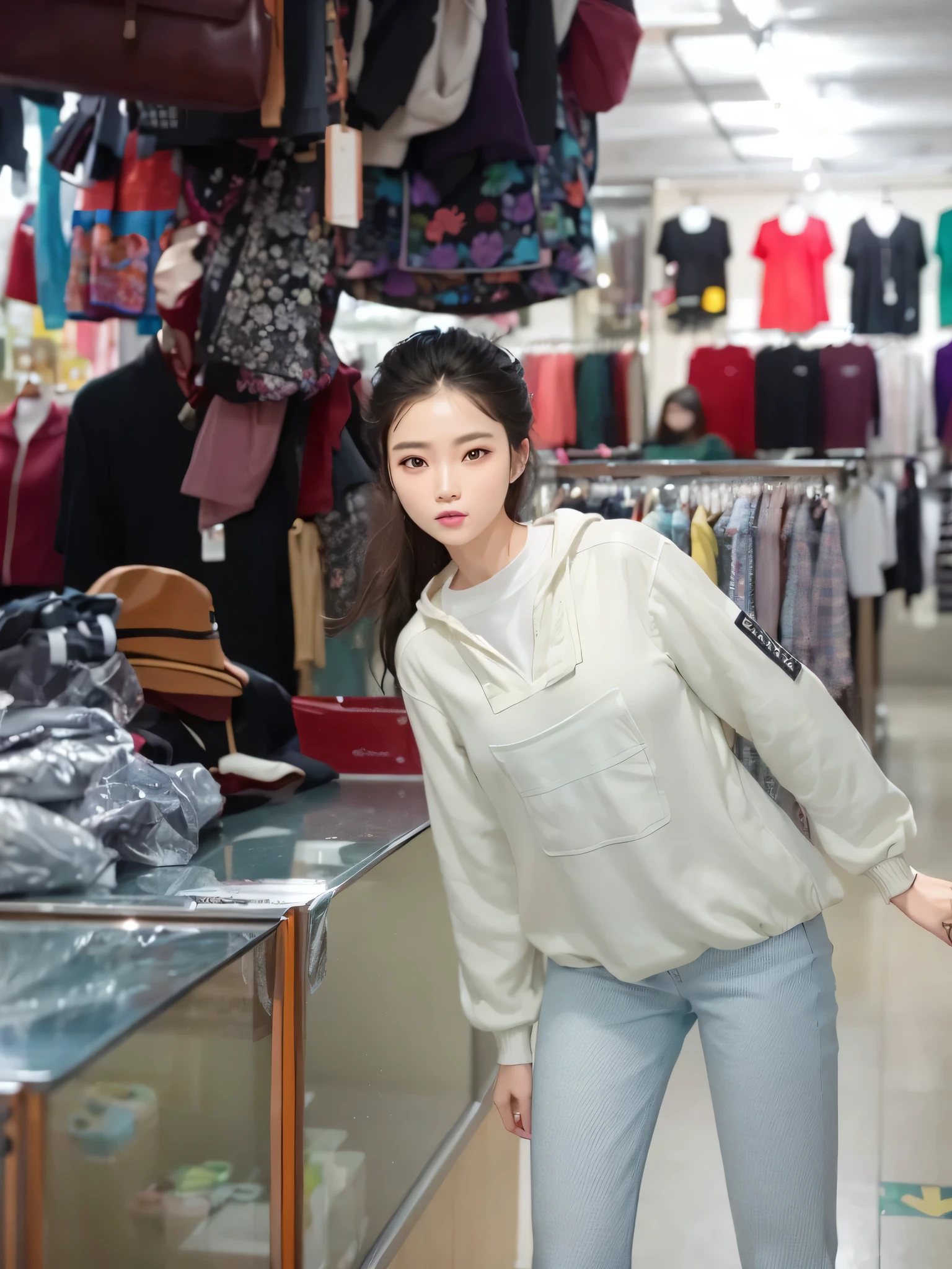 There is a lady standing in the store,Carrying a suitcase, Appear in the mall, Korean fashion model, woman model, Matches ancient Chinese costumes, jia, realistic clothes, modern casual clothing, cute women, Stylish white skinny suit, interesting angle, 🤬 🤮 💕 🎀, Scan photos, irate, casual modern clothing, Hoodie girl