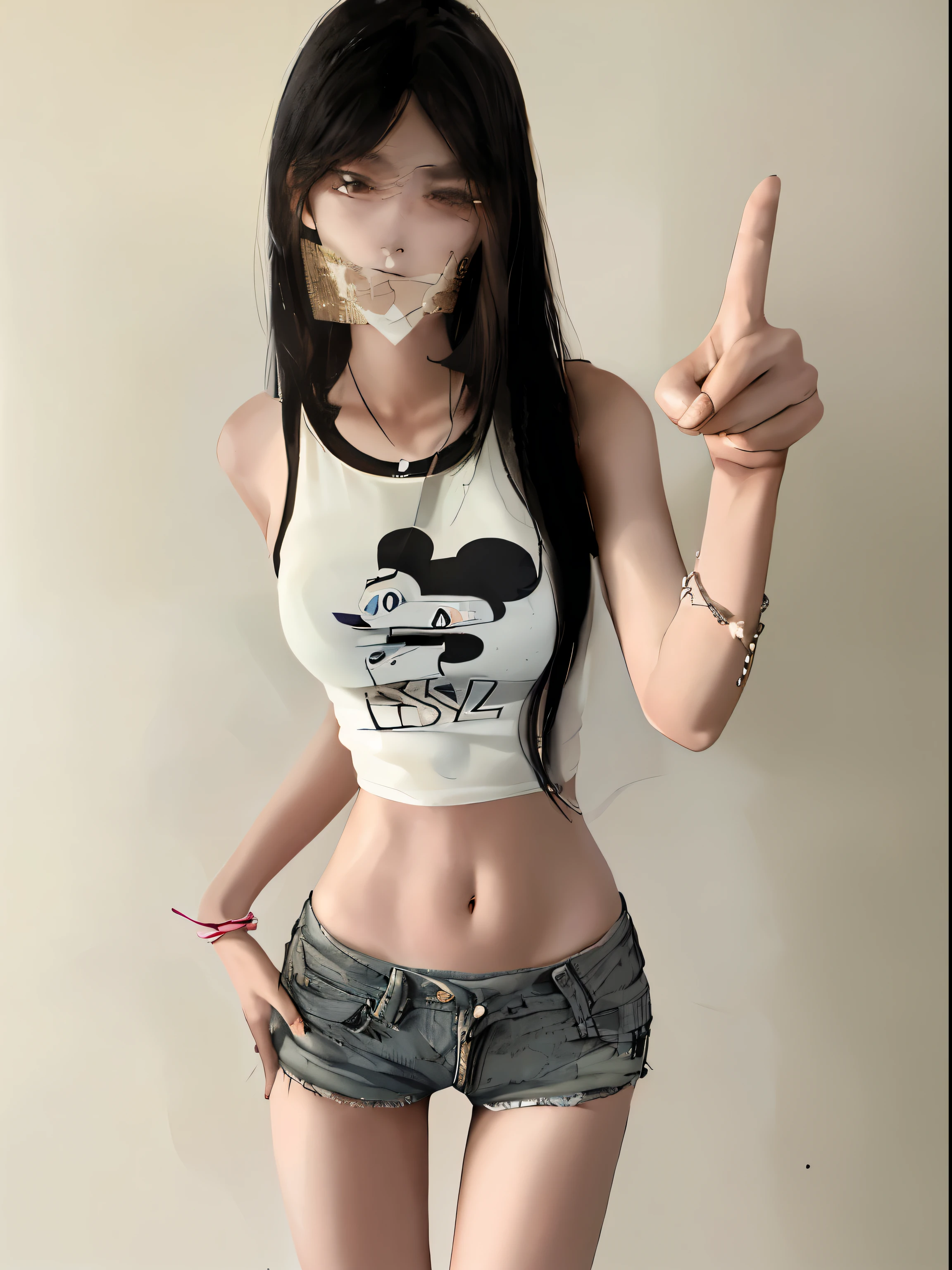 Fide woman wearing white shirt and denim shorts showing peace sign, 2 4 year old female model, 18yr old, 2263539546], photo of slim girl, 1285445247], age 22, *****ers old, 1 8 yes, 21yo