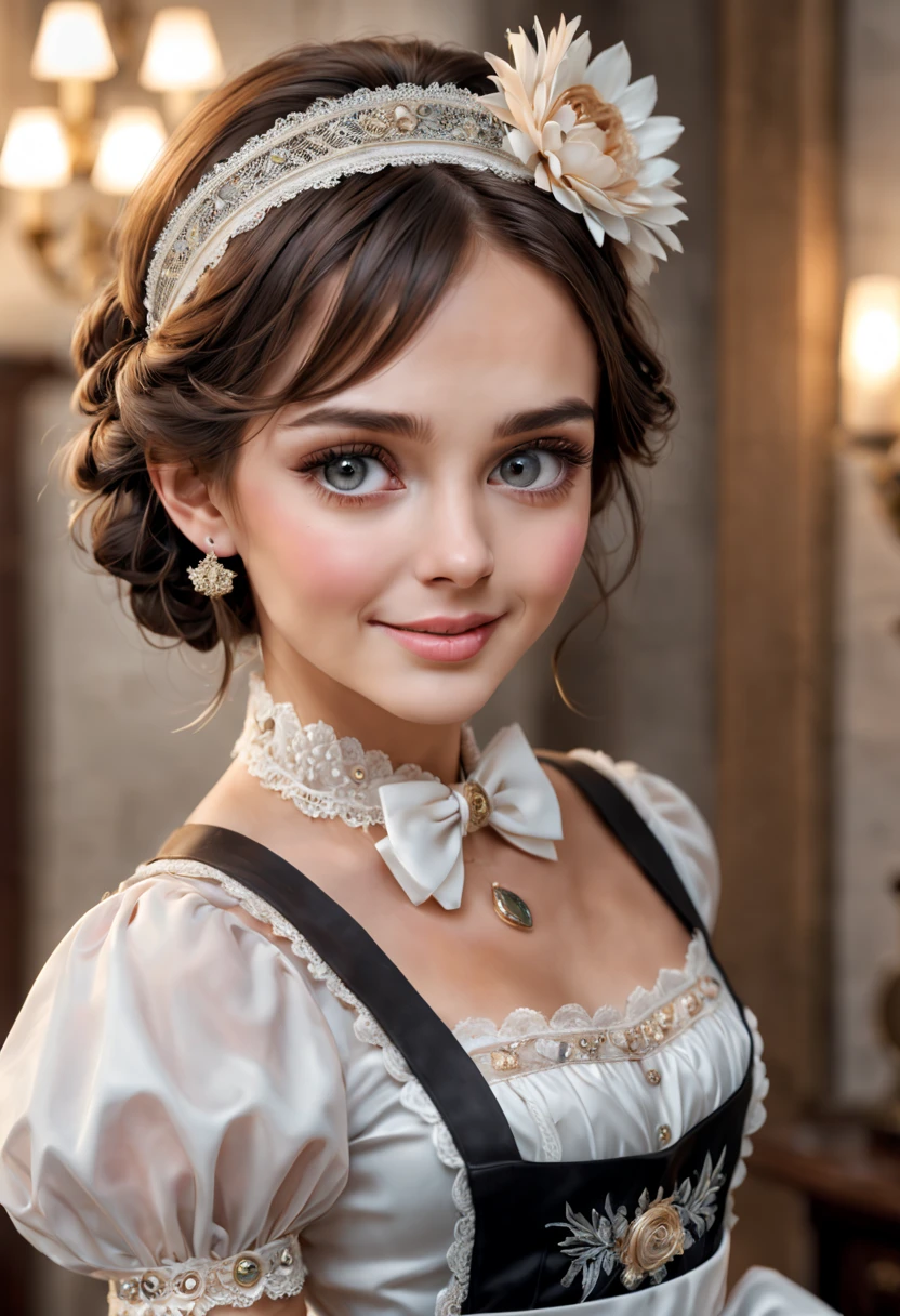 (best quality,4k,8k,highres,masterpiece:1.2),ultra-detailed,(realistic,photorealistic,photo-realistic:1.37),female,robotic but feminine face,beautiful detailed eyes,beautiful detailed lips,extremely detailed eyes and face,long eyelashes,robotic maid wearing apron,flawless skin,natural-looking makeup,expressive eyes,smiling face,glowing cheeks,ultra-fine details on the eyelashes and eyebrows,shiny metallic body,smooth and reflective surfaces,vivid colors in the metallic parts,soft and realistic textures on the apron,perfectly intricate embroidery on the apron,delicate lace trim on the apron,daintily designed buttons on the apron,elegant and flowing dress,bowed headband with a decorative charm,graceful and flowing hair,waving a feather duster,precise and fluid movements,soundless footsteps,sparkling light reflections on the metallic body,gentle and warm lighting,soft and inviting atmosphere,impeccably clean and tidy room,spotless furniture and decor,beautifully arranged flowers,peaceful and serene ambiance.