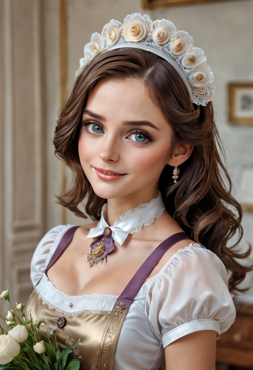 (best quality,4k,8k,highres,masterpiece:1.2),ultra-detailed,(realistic,photorealistic,photo-realistic:1.37),female,robotic but feminine face,beautiful detailed eyes,beautiful detailed lips,extremely detailed eyes and face,long eyelashes,robotic maid wearing apron,flawless skin,natural-looking makeup,expressive eyes,smiling face,glowing cheeks,ultra-fine details on the eyelashes and eyebrows,shiny metallic body,smooth and reflective surfaces,vivid colors in the metallic parts,soft and realistic textures on the apron,perfectly intricate embroidery on the apron,delicate lace trim on the apron,daintily designed buttons on the apron,elegant and flowing dress,bowed headband with a decorative charm,graceful and flowing hair,waving a feather duster,precise and fluid movements,soundless footsteps,sparkling light reflections on the metallic body,gentle and warm lighting,soft and inviting atmosphere,impeccably clean and tidy room,spotless furniture and decor,beautifully arranged flowers,peaceful and serene ambiance.