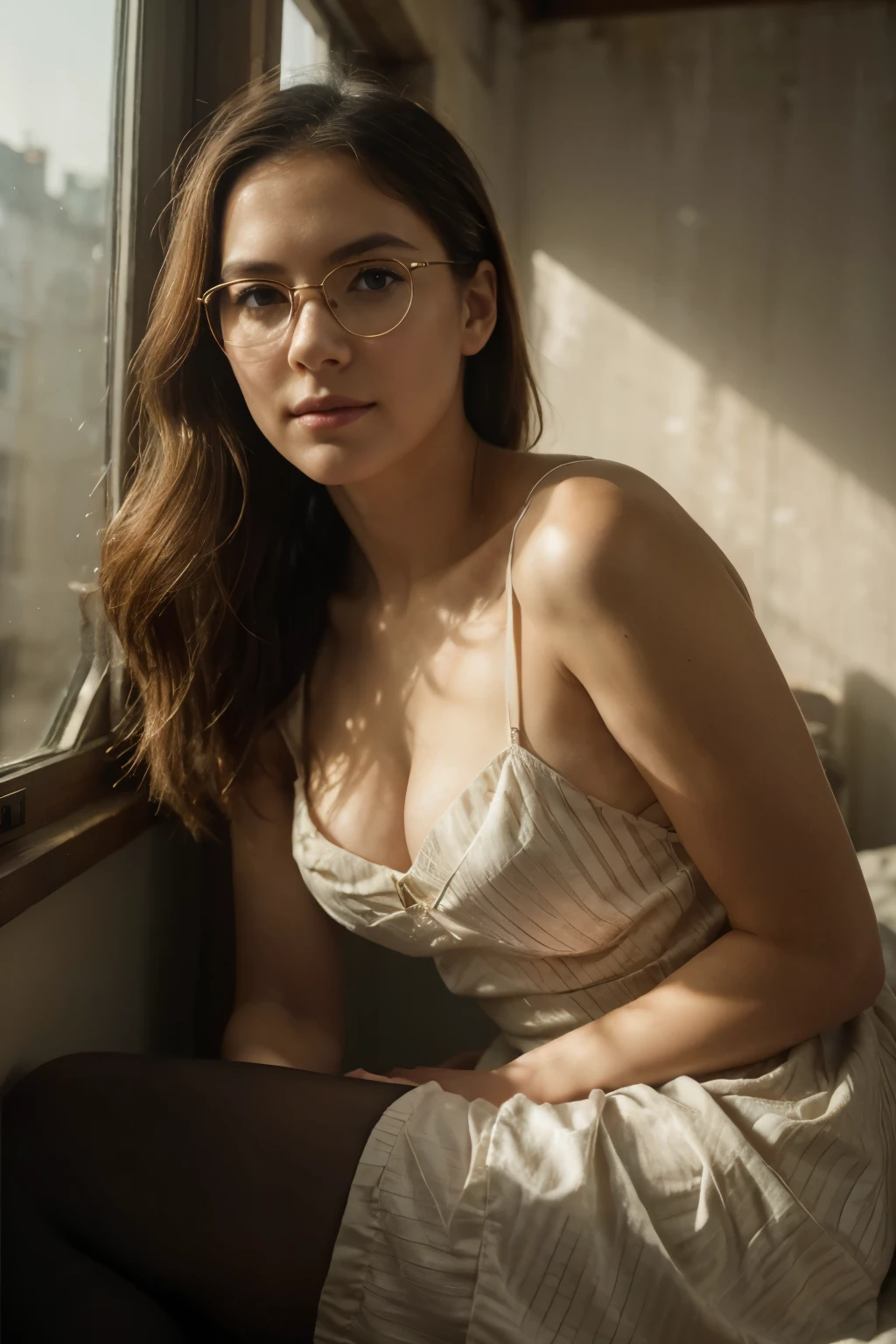 (Best quality, Ultra detailed, Golden ratio, Masterpiece:1.2), Theatrical lighting:0.7, Photo of a woman, dressed in a very elegant and pretty dress, Perfect rare face, (Highly detailed skin), randomly dyed short hair, Hide your mouth with your hands、Ridicule, skin texture, Pale skin, shiny skin, (thin, large size:1.2), [:(Sharp focus on rare face, perfect eyes:1.2):0.2], photorealistic, film grain, Put one foot forward、from below looking up、look at camera、Emphasize the shoulders, Focus on face、Stockings、glasses、Smile with corners of mouth raised、disdainful expression, summer haze, muted colors, muted warm colors, Photo cinematic portrait of a woman dressed in a striped dress sitting by the window in the early morning, cinematic, (tilted:1.3) (in an old building) look cautious, standing under a spotlight, volumetric dust clouds, key light, backlight, soft natural lighting, photography Film grain ISO 400 30 mm lens RAW f1.8 aperture, highly detailed (analog photography:1), colors hdr