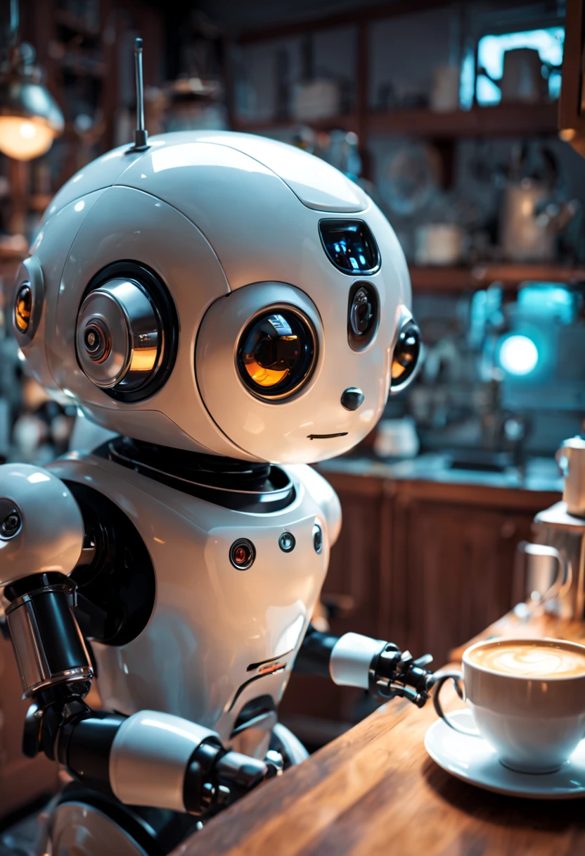 Studio Ghibli style space capsule background technology detailed and more cute robot butler(Eyes bright and clear) ,Turn on the coffee machine in the kitchen,Preparing a cup of coffee in great detail, Focus sharp, Cinematic visuals, Super detailed cinematic lighting effects fantasy art mystical atmosphere,Dramatic lighting with depth of field