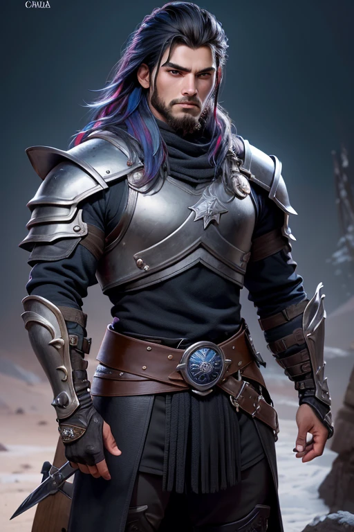 (La mejor calidad, realista, cold colors),19-year-old boy, vistiendo una vieja armadura de cuero vikingo, cabello largo y oscuro negro, Rostro armonioso sin barba, Film catalogue, movie advertisement, realista imagen, cold colors