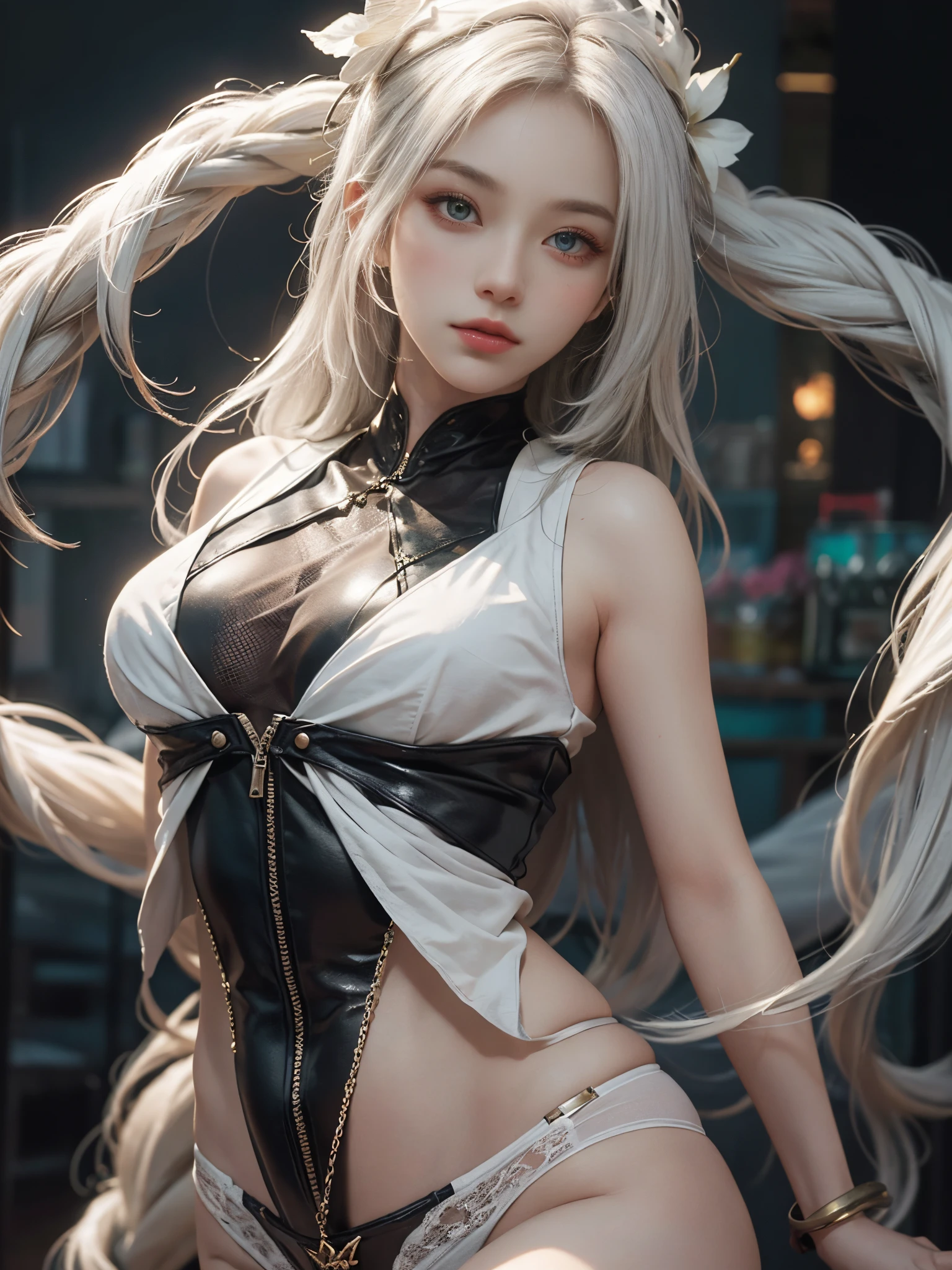 Close-up of woman with white hair and white mask、beautiful character painting、guweiz、Artwork in the style of Gwise、white haired god、Jan J、epic exquisite character art、Stunning character art、Fanchy、Uzunsifan、Guweiz on the Pixiv art station,Faces of reality,Real people,Photo quality,Real person footage captured on camera,Shooting from the waist up,Live-action feeling,Quite light clothing，see-through underware,Beautiful clear eyes,Beautiful sparkling eyes,being thin,strong-willed gaze,A living angel who descends to earth and blends into ordinary life while hiding his true identity in the human world.,angels don&#39;t wear underwear,