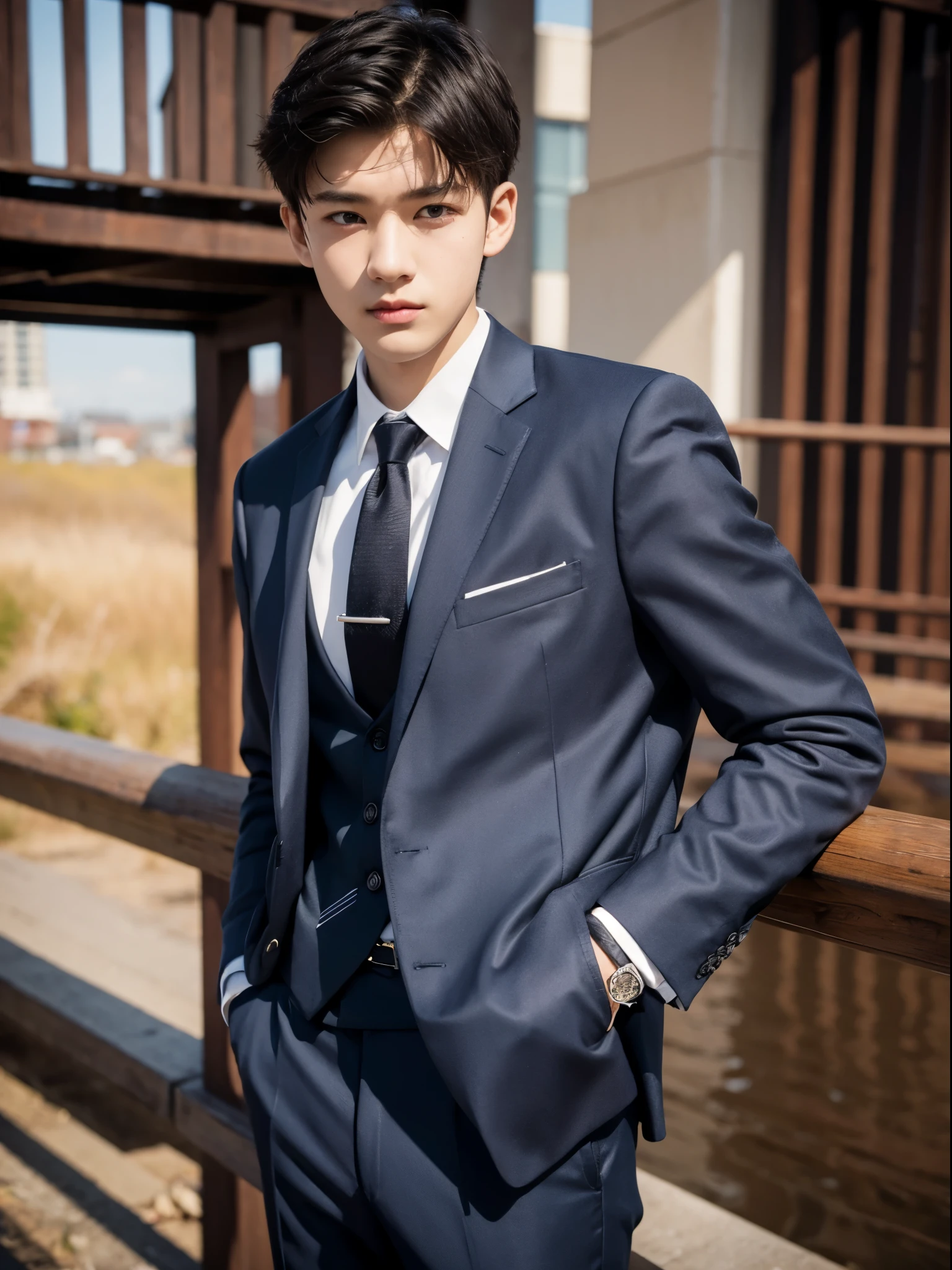 boy, 17 y.o, suit, tie, bridge