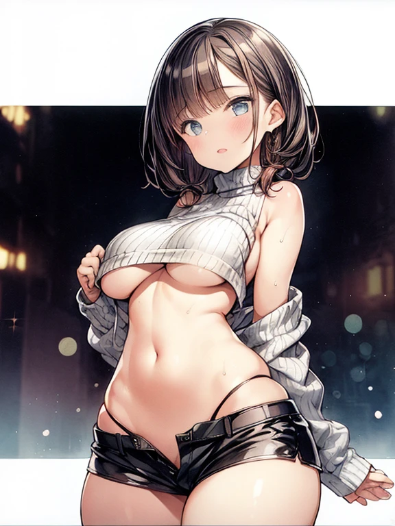 NSFW,bottom boobs,(masterpiece), best quality, extremely detailed, (watercolor), bloom, delicate and beautiful, illustration, (from below),(1girl:1.4), (solo:1.2), large breasts, (ribbed sweater:1.3), off-shoulder sweater, (short shorts:1.2), bare shoulders, (underboob), ((dark skin:0.8)), beautiful eyes, (disheveled hair ), photography, over-the-shoulder shot, by Alex Maleev, professional, canon camera, nikon camera, sharp, bokeh, studio quality, fisheye lens, by Robert Capa ,