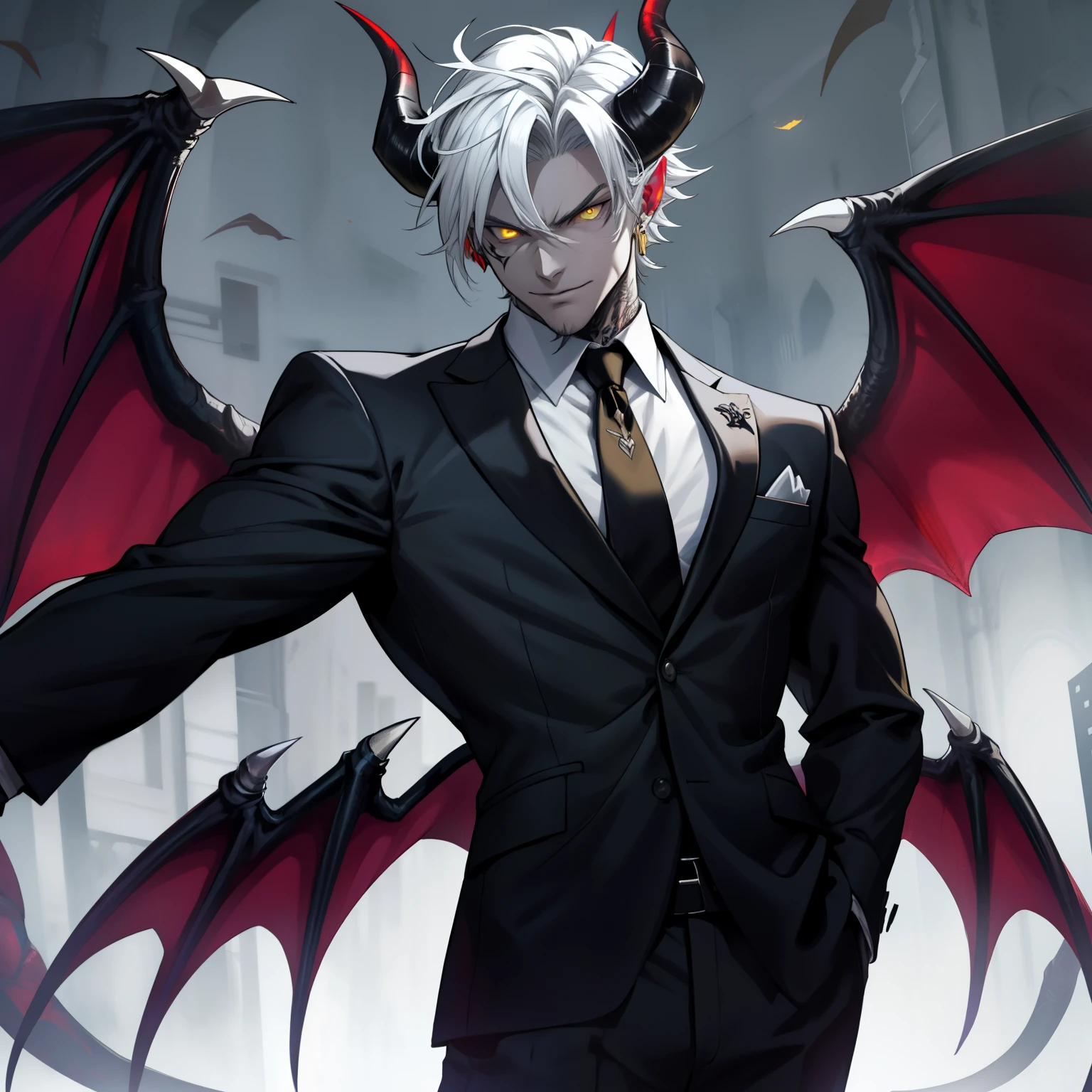 male demon with ram horns, wearing a business suit, has a smoldering aura, yellow eyes, large demon wings, showing his chest, has demonic tattoos, alone, solo, (ALONE)(SOLO)