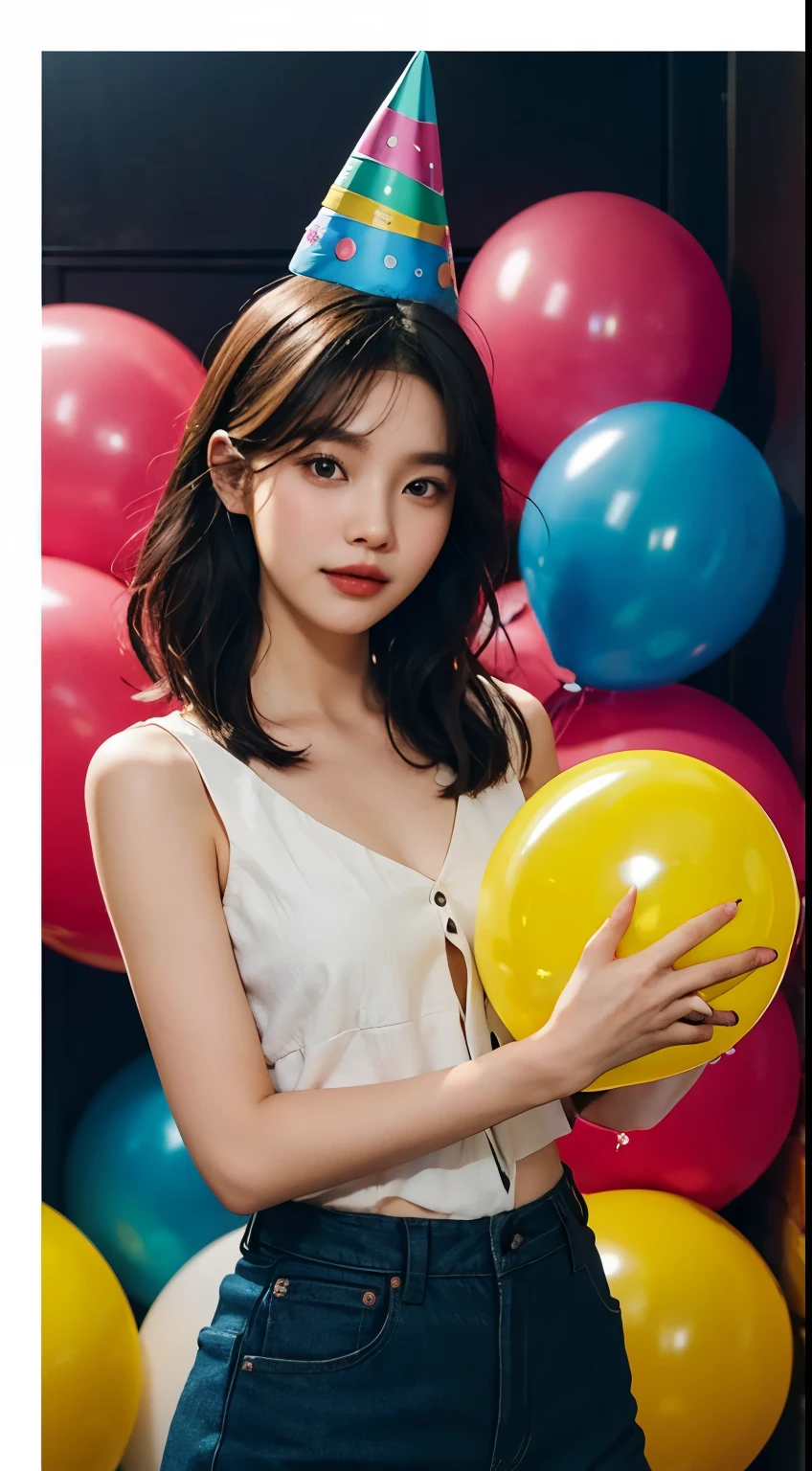 araffe girl holding a balloon and a party hat, jaeyeon nam, jinyoung shin, inspired by Kim Jeong-hui, kim doyoung, park ji-min, hong june hyung, promo still, official artwork, hwang se - on, lee ji-eun, lee ji - eun, lalisa manobal, fanart, sun yunjoo, promo shot
