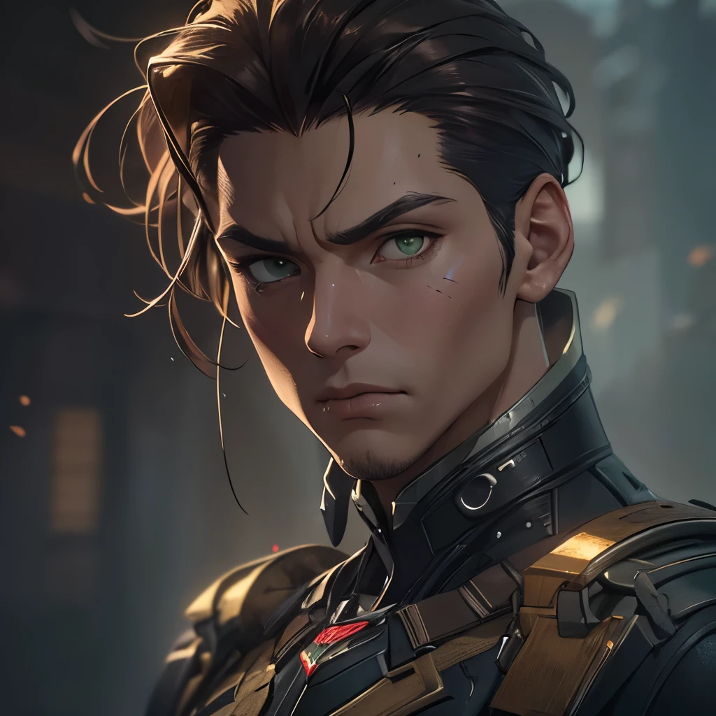 (masterpiece), 8k cg, intricate details, chromatic aberration, ((bust shot)), ((looking at viewer)), 1man (green eyes, slicked back brown hair, parted bangs, Nova Prime, Body Suit, Golden), strong face, defined jaw, cheekbones, handsome face, frown, 20 year old, absurdres, cinematic lighting, dynamic lighting, fantasy, ((dark background, fog))