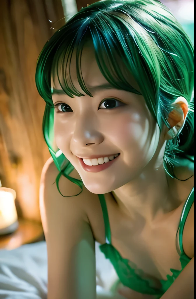 "Best Quality, 4K, 8K, hight resolution, ​masterpiece, Ultra-detailed, Realistic, Photorealistic, Cinematic lighting, Beautiful detailed glow, Detailed face, Light leak, amazing, Intricate details, Dynamic Angle, Green hair, A cute Japanese woman, "Intimate image of a woman in delicate green lingerie, Private bedroom-like environment with green decor. A scene that captures a moment of serenity and charm, Highlighting her elegance and close relationship with the green theme.""A woman with a sexy expression with her mouth slightly open, There was a hint of mischief in her eyes, In the dim light, elegant indoOily skin, gleaming skinor environment, Healthy body, Oily skin, gleaming skin,