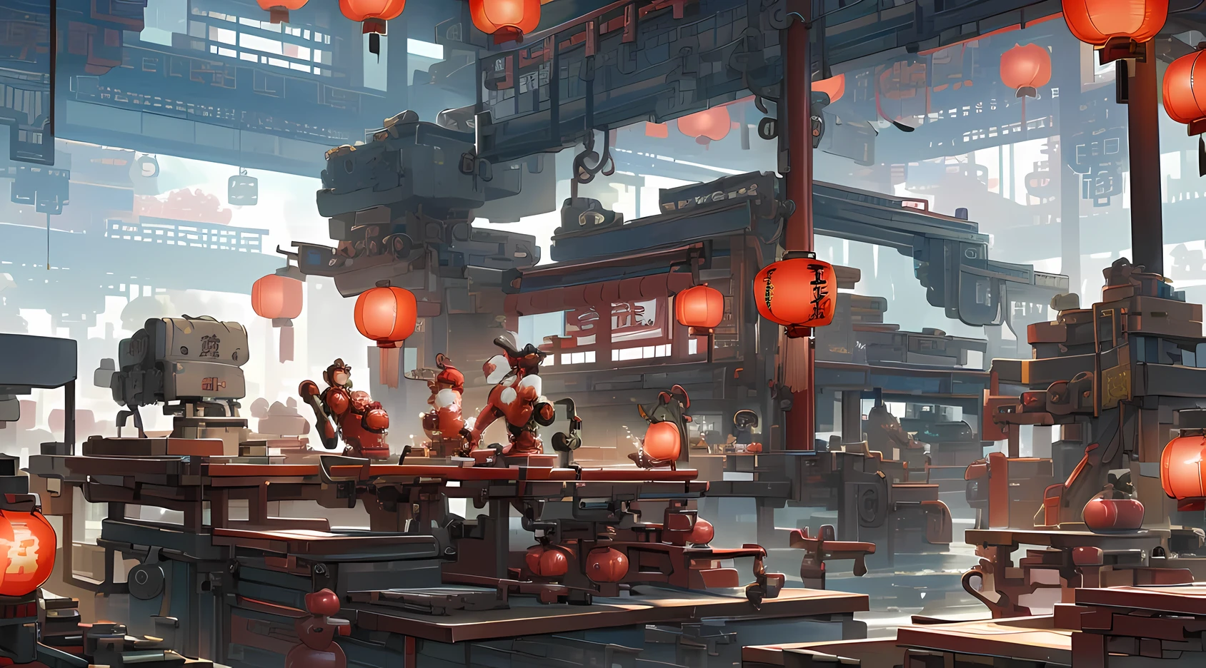 (There are three robotic arms on the mechanical workbench:1.5), (The background is a mechanical technology factory:1.5), (conveyor:1.3), tmasterpiece, future-tech, (There are many red lanterns hanging on the ceiling:1.4),(Chinese New Year Spring Couplets:1.3), (Celebrate the holidays), (New Year environment), with unparalleled tmasterpiece, Perfect artwork, super detailing, Best quality at best, tmasterpiece 4K wallpaper aesthetics, tmasterpiece, winning artwork, offcial art