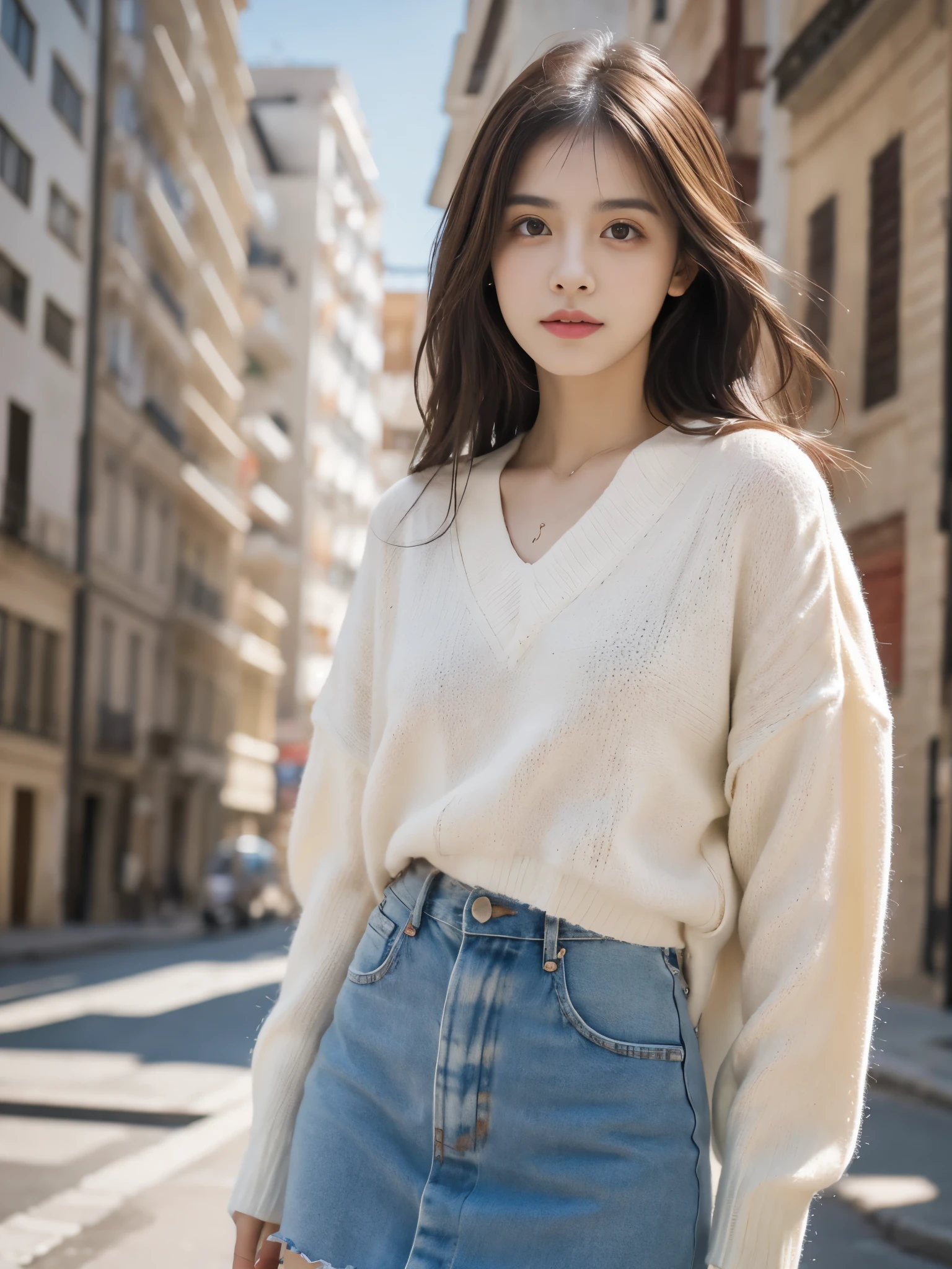 Obra maestra, La mejor calidad, ultra-high resolution, Foto de alto detalle, Unidad 8K Fondo de pantalla, CG extremadamente detallado:1.2), (Foto RAW:1.realistic photography:1.4), 1girl , joven, physically based representation, beautiful, (Cara finamente detallada:1.4, Ropa detallada), (Detallado:1.4) Cara hermosa, Profundidad de campo, Agregar capa, hiperrealista, 27 years old, Modelo de cuerpo perfecto, senos perfectos, 175cm de altura, pose sexy, cuerpo completo, Tipo de cuerpo del modelo, white oversized sweter, black skirt, Cabello largo, Eimi Fukada, doble parpado, professional lighting, bokeh, professional lighting, bokeh