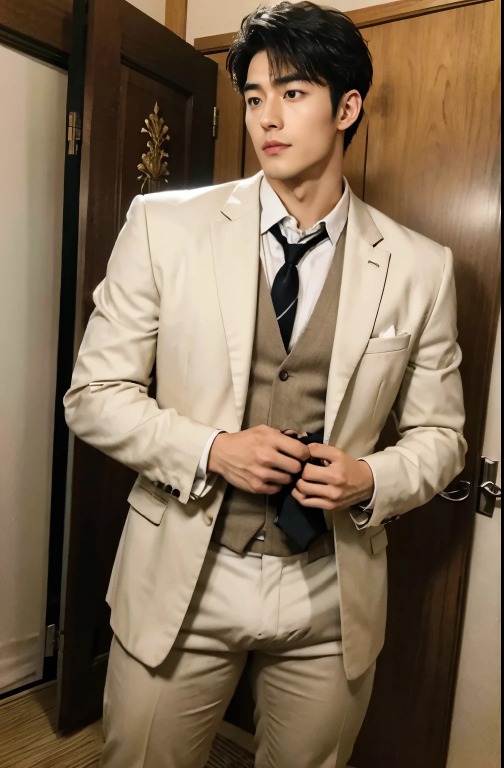 1 handsome Japanese guy,30,Japanese lawyer,Wearing a slim fit suit and tie,Mature and steady,Tall,musculous,Muscles look good,hairy bodies,with fair skin,黑The eye(thin eyes 1:3),Full body photo