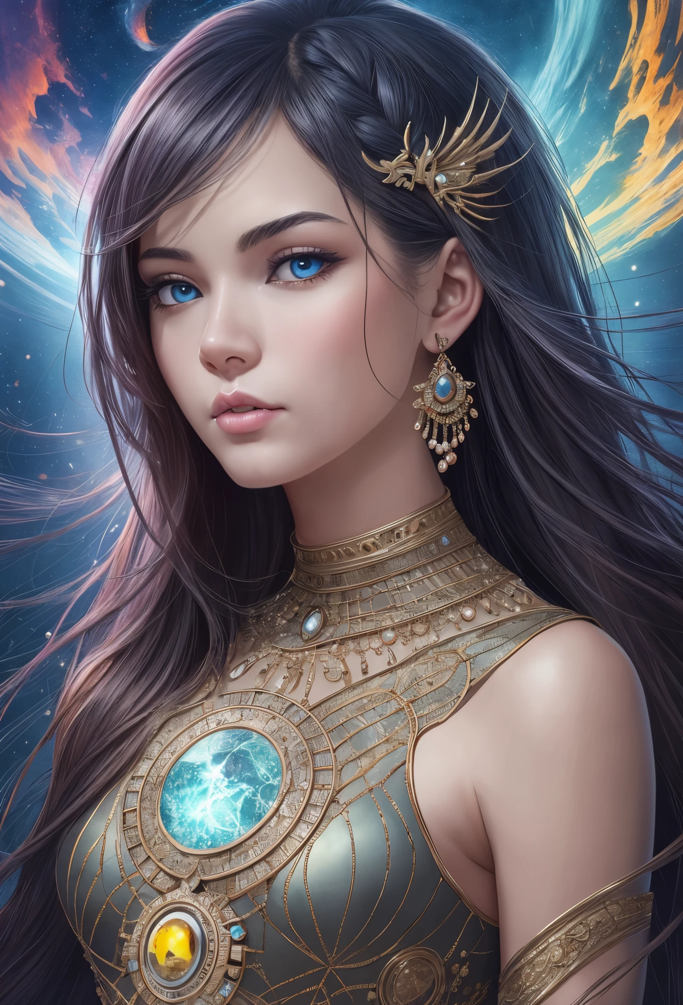digital art photography portraits, digital graphics, contemporary art for, in the style of detailed science fiction illustrations, playful body manipulations, mosaic-inspired realism, aquamarine and amber, cosmic fantasy, hyper-realistic oil, hyper-realistic sci-fi --auto --s2