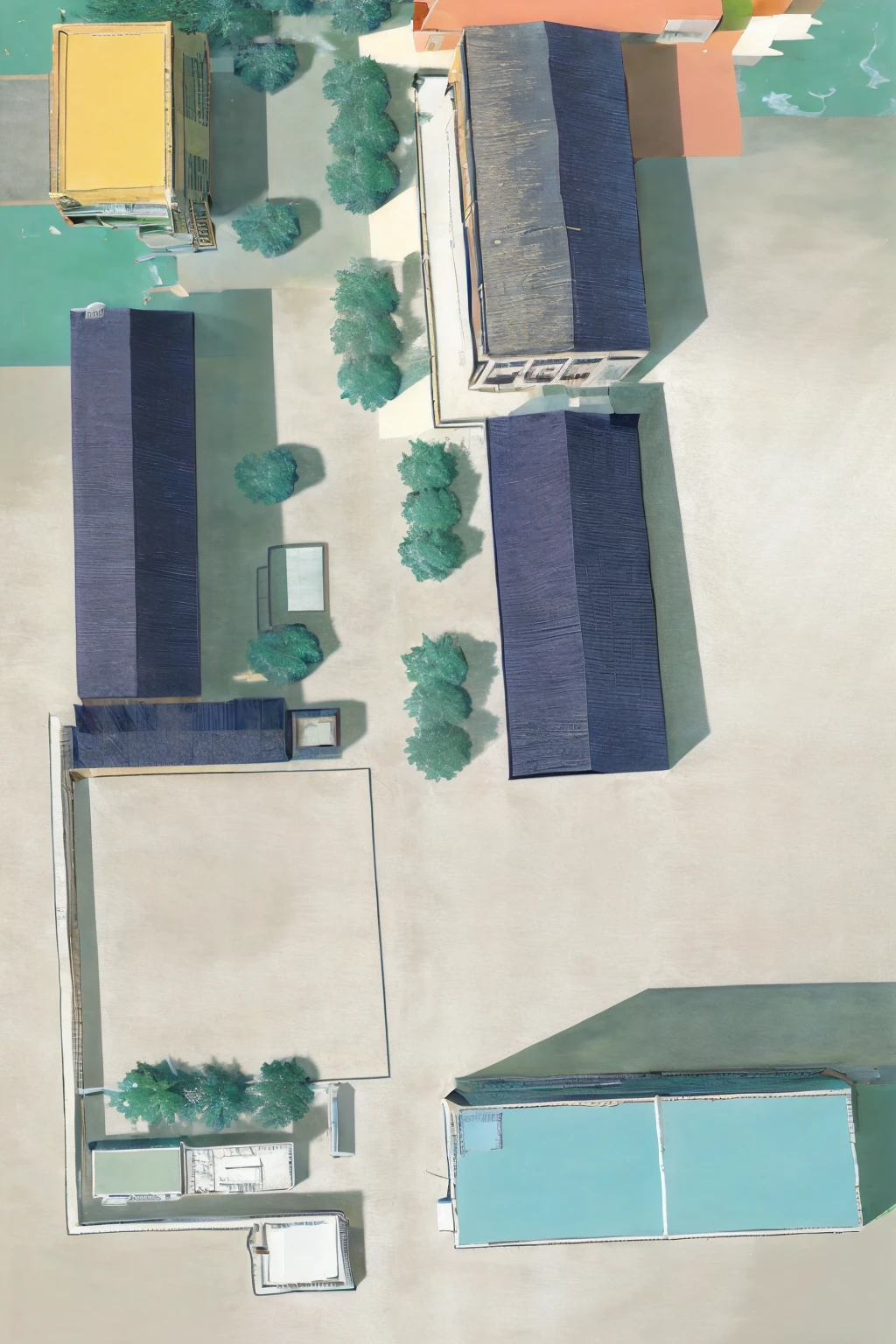 这张图中有很多schools建筑物和树木, Aerial image, 2 d down view, detailed 2d illustration, 2 d axonometric down view, digitally colored, Isometric top down left view, street top view, empty buildings and vegetation, Bird&#39;s eye view top down, aerial perspective, schools, [ down view ]!!, isometric aerial view