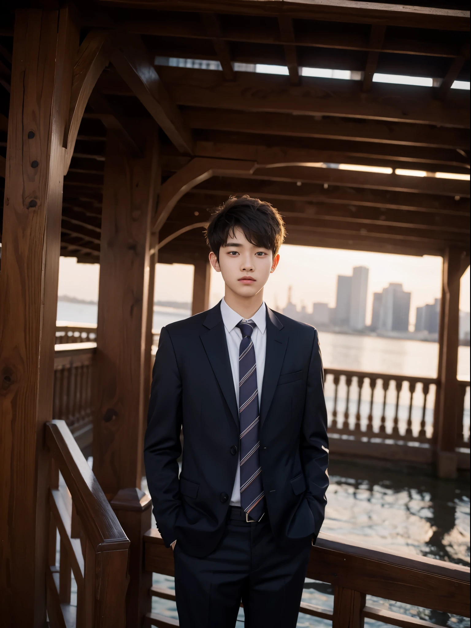 boy, 17 y.o, suit, tie, bridge