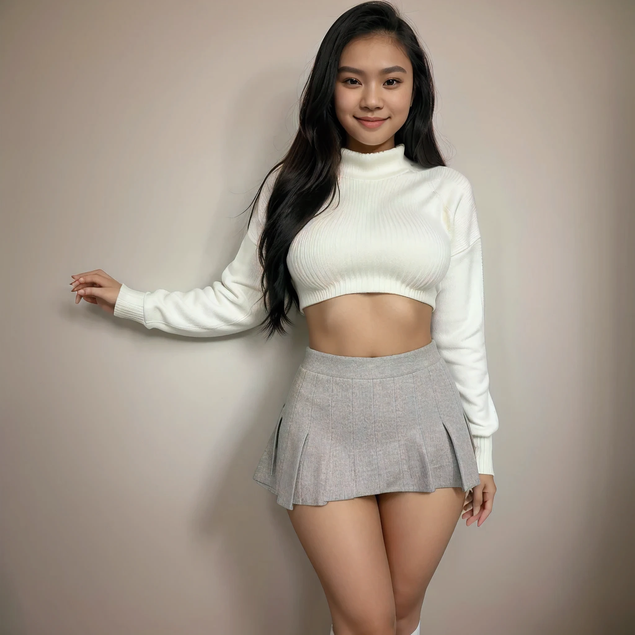 Sexy 18 year old filipino woman wearing a skirt and a sweater and thigh high socks, thin body, large perfect covered breasts, large butt, small waist, wide hips, full pouty lips, smiling, eyes angled and far apart