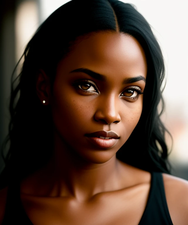 black female blkmndy, aggression, flirting with the camera, natural skin texture, hyper realism soft light, close up portrait photo by Annie Leibovitz, film, studio lighting, detailed skin, ultra realistic, bokeh, sharp feature