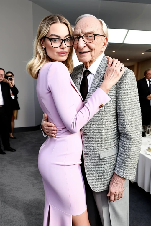 8k, Hyperrealistic body photo of big butt woman pale pink skin face Margot Robbie being hugged from behind by a 90 year old man wearing glasses in a suit. Mulher com vestido lindo