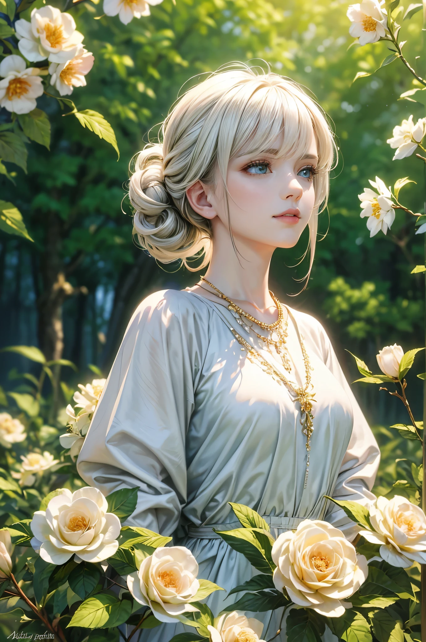 (best quality,4k,8k,highres,masterpiece:1.2), white hair,golden eyes,white clothes,looking up,upper body,strands of hair,fair skin,side braid,emerald necklace,vivid colors,gentle smile,soft lighting,pensive expression,subtle makeup,intense gaze,dreamy atmosphere,lush garden background,delicate flowers,golden sunlight streaming through the trees,morning dew on the petals,airy and ethereal composition,misty ambiance,impeccable attention to detail,highly realistic rendering,ultra-fine painting