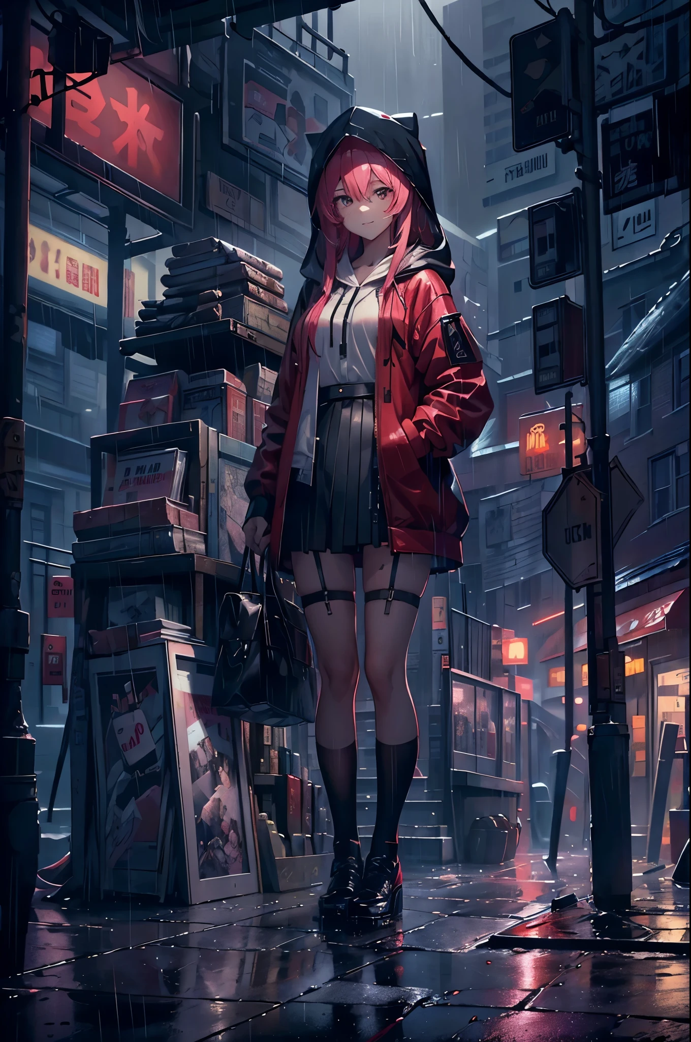 (8K,tmasterpiece,Best quality at best,hyper-detailing,realistically),Extremely detailed face,电影灯光,Ray traching,unlit hair, on a cloudy street,bright street,Corner store,stair station,Torrential rain and heavy rain,Girl with long pink hair and black eyes,ssmile,She is wearing a red hooded jacket,Put on a hood,White color blouse,Short black skirt and black garter belt,Martin shoes,Clothes soaked by rain,Black exposure,outdoor depth tent ,