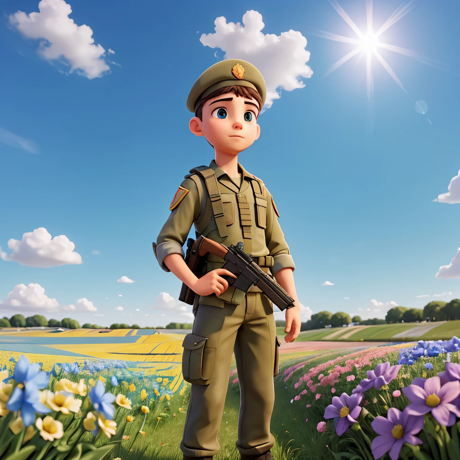 Young Ukrainian soldier looking at the blue sky with beautiful fields of flowers while he holds a rifle, a luz do sol refletindo na grama e nas folhas