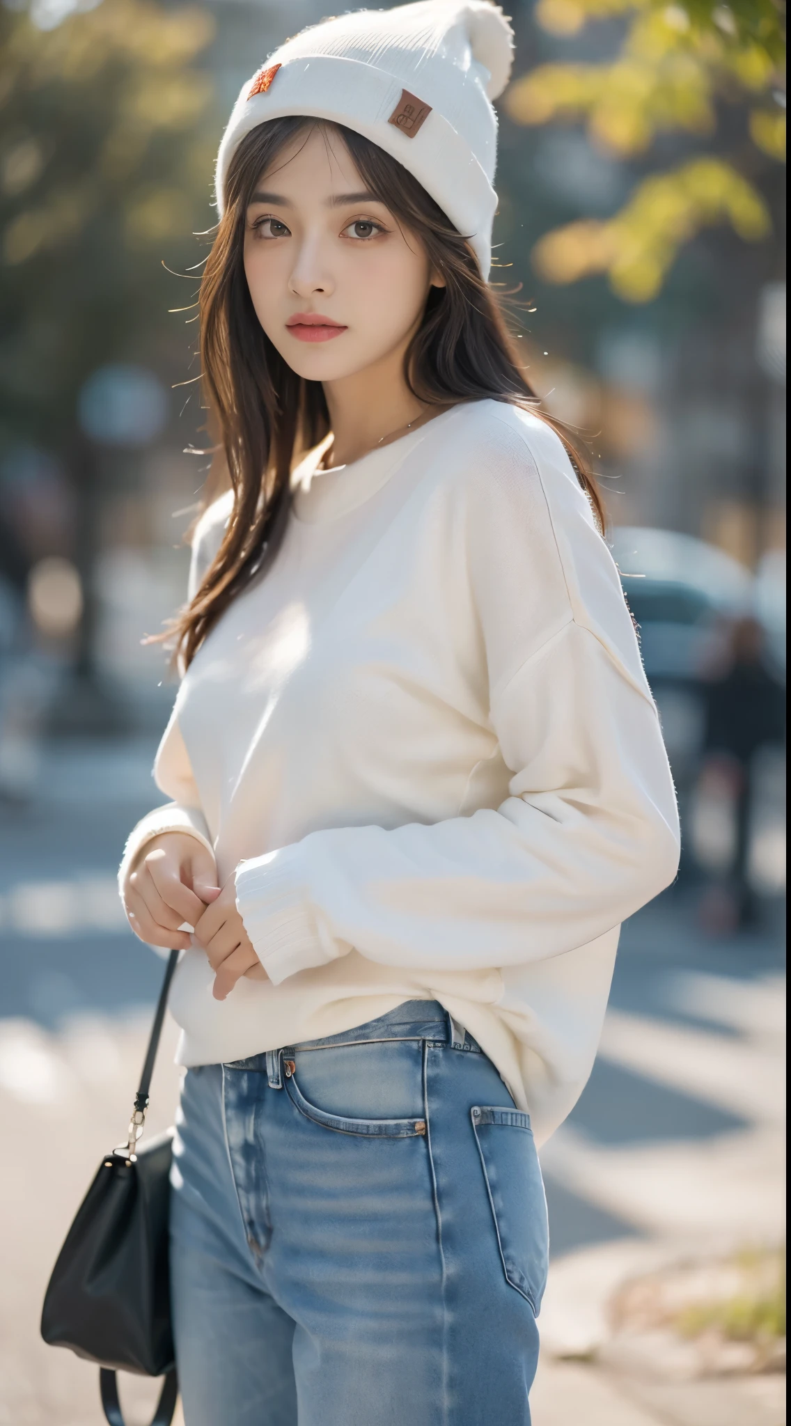 Obra maestra, La mejor calidad, ultrahigh resolution, Foto de alto detalle, Unidad 8K Fondo de pantalla, CG extremadamente detallado:1.2),(Foto RAW:1.realistic photography:1.4), 1girll , joven, physically based representation, beautiful, (Cara finamente detallada:1.4, Ropa detallada), (Detallado:1.4) Cara hermosa, Profundidad de campo, Agregar capa, hiperrealista, 27 years old, Modelo de cuerpo perfecto, senos perfectos, 175cm de altura, pose sexy, cuerpo completo, Tipo de cuerpo del modelo, white oversized sweter, tight denim, beanie Cabello largo, Eimi Fukada, doble parpado, inematic lighting, blurry, glowing light, bokeh