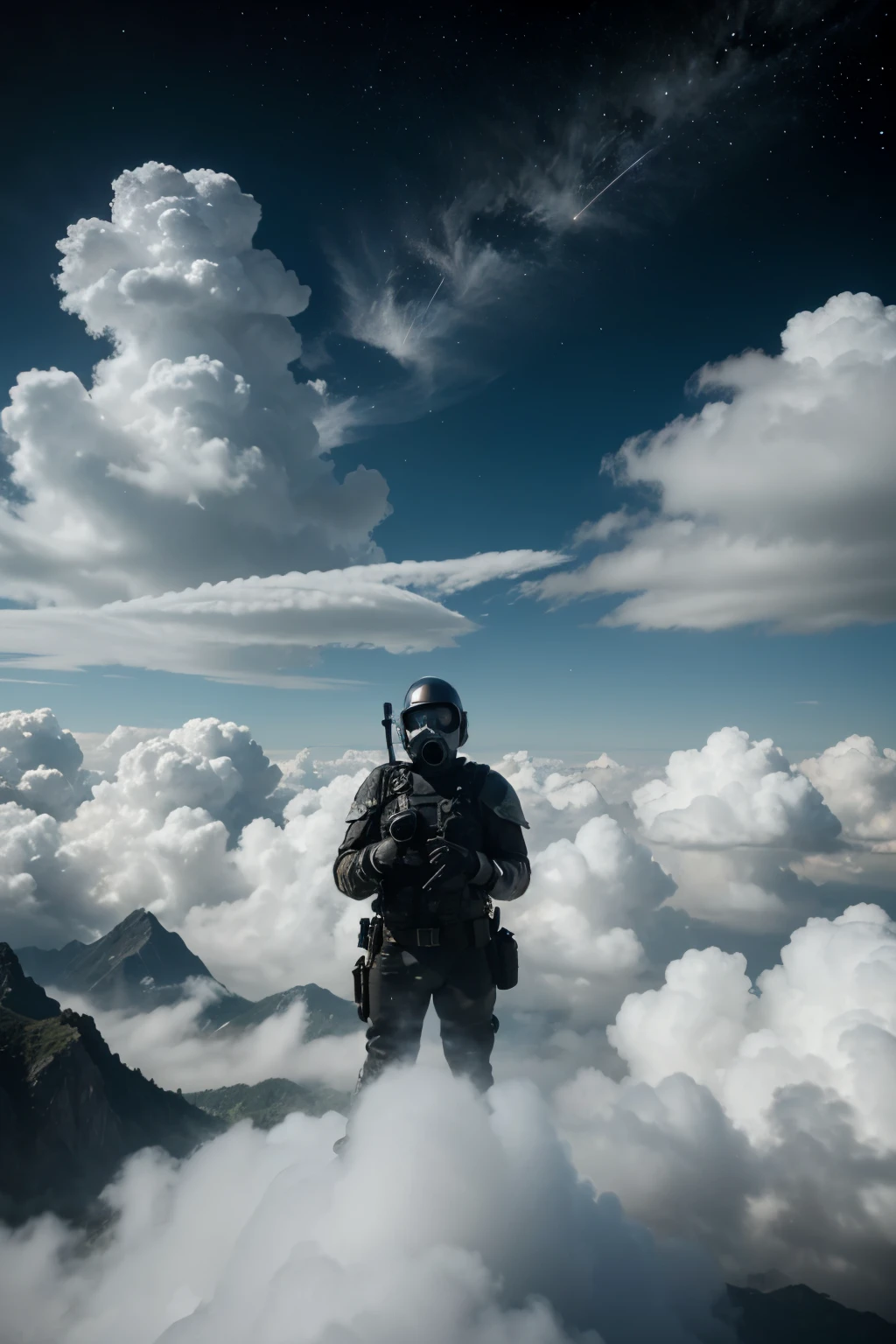 JRPS: Shield background with clouds and stars. Add a person wearing a gas mask in the clouds to symbolize protection