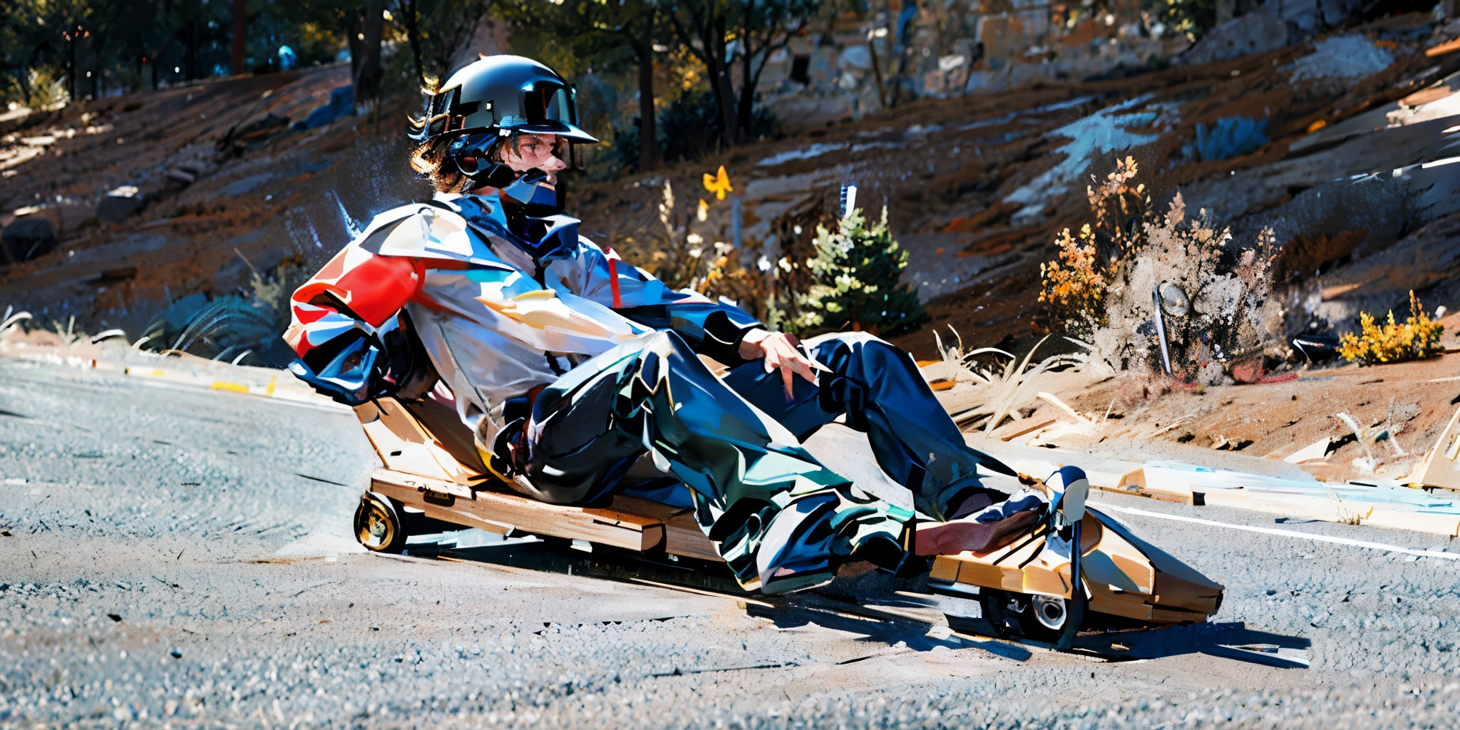 thin man sitting on a rolling car made of wood wearing a black helmet and celebrating