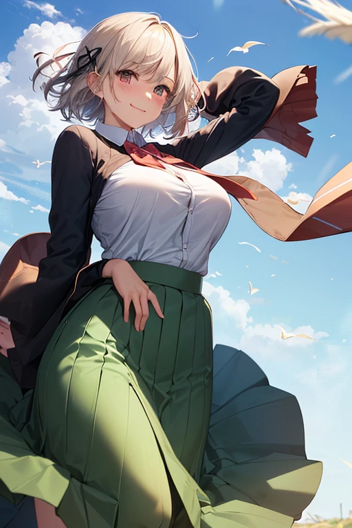 ​masterpiece, top-quality, Hi-Res, nn1, 1girl in, Hair Ribbon, short-hair, Green skirt, No shirt, Black cardigan, Open your clothes, long-sleeve, shiny oily skin with high contrast,, huge long breasts, Naughty big、Big breasts emphasis、Light blue pants、(Wind、wind lift、Skirt lifted by the wind、Skirt rolled up by the wind、Skirt flutters:1.5)、(Fully exposed panties:1.5)、white ribbed panties:1.5、(is standing:1.7)、red blush、embarrassed from,、A smile、No bra、I can see my、