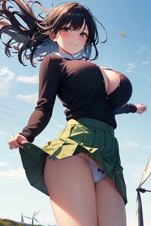 masterpiece, top-quality, Hi-Res, nn1, 1girl in, Hair Ribbon, short-hair, Green skirt, No shirt, Black cardigan, Open your clothes, long-sleeve, shiny oily skin with high contrast,, huge long breasts, Naughty big、Big breasts emphasis、Light blue pants、(Wind、wind lift、Skirt lifted by the wind、Skirt rolled up by the wind、Skirt flutters:1.5)、(Fully exposed panties:1.5)、white ribbed panties:1.5、(is standing:1.7)、red blush、embarrassed from,、A smile、No bra、I can see my、