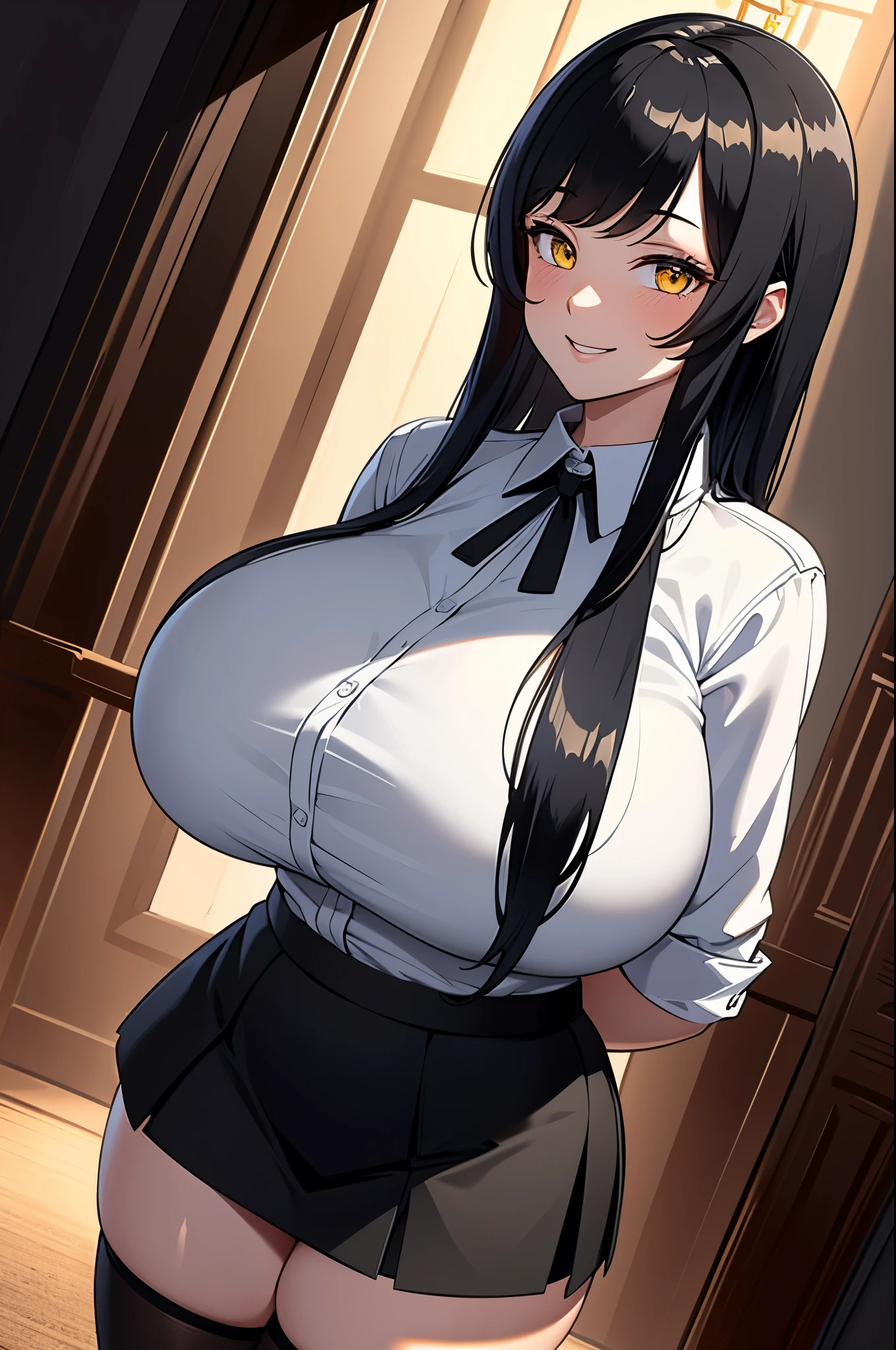 ((masterpiece, best quality:1.3)), ultra detailed, 8k unity wallpapers, CG, ray tracing, illustration, colorful, cinematic shadow, extremely detailed and beautiful background,vhd, shadering VRay,RT,1 milf,(adult body),cute face, (big smile), long black hair, yellow eyes, (huge breasts:1.2), (white lewd shirt), (black lewd mini skirt), (black thigh high socks),standing, looking at viewer, facing the viewer,standing in front , cowboy shot, bedroom ,glowing, glowing light, ultra detailed, scenic, atmospheric