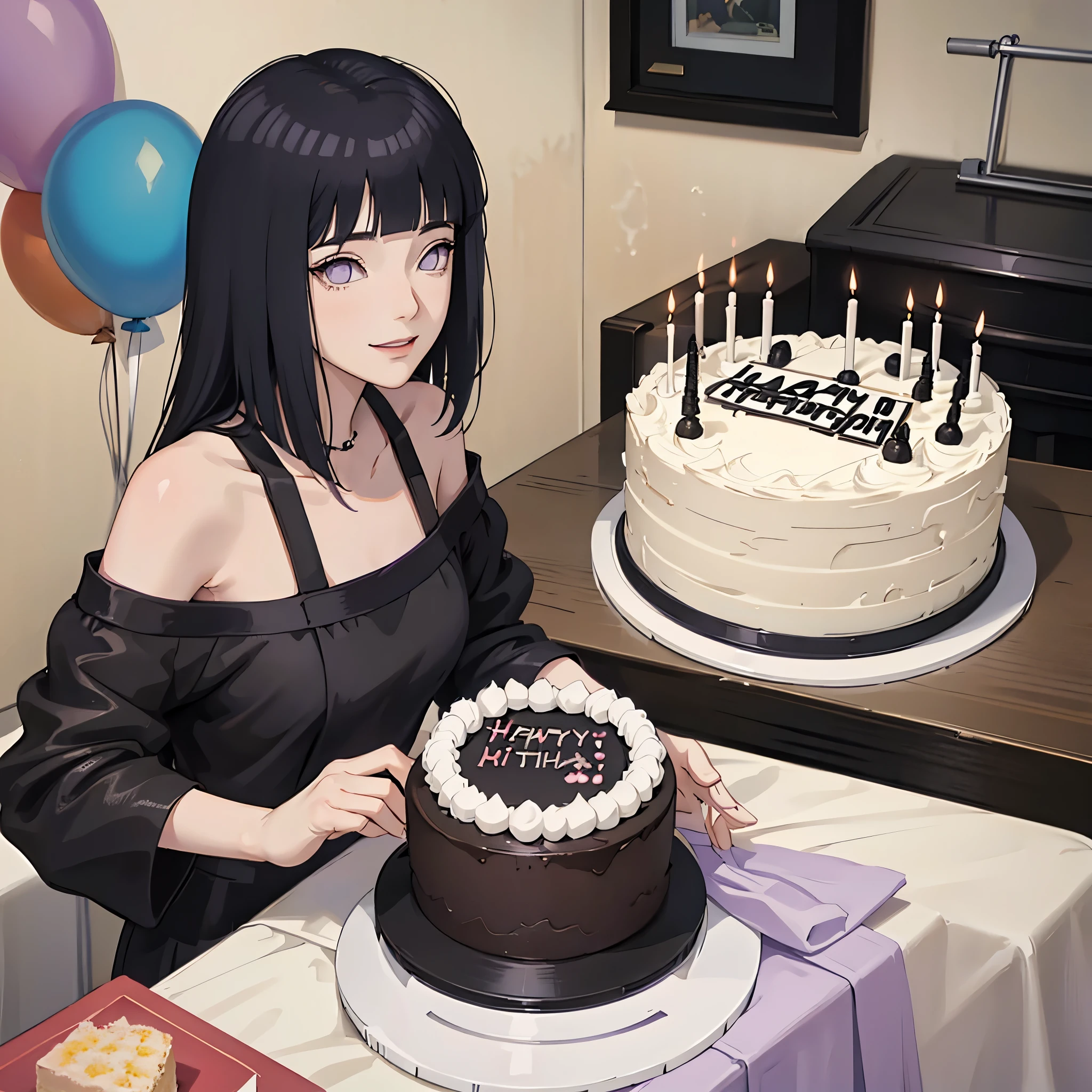 Hinata hyuga, long hair, purple eyes, soft smile, casual black dress, birthday cake, ballons, 1 girl, smile