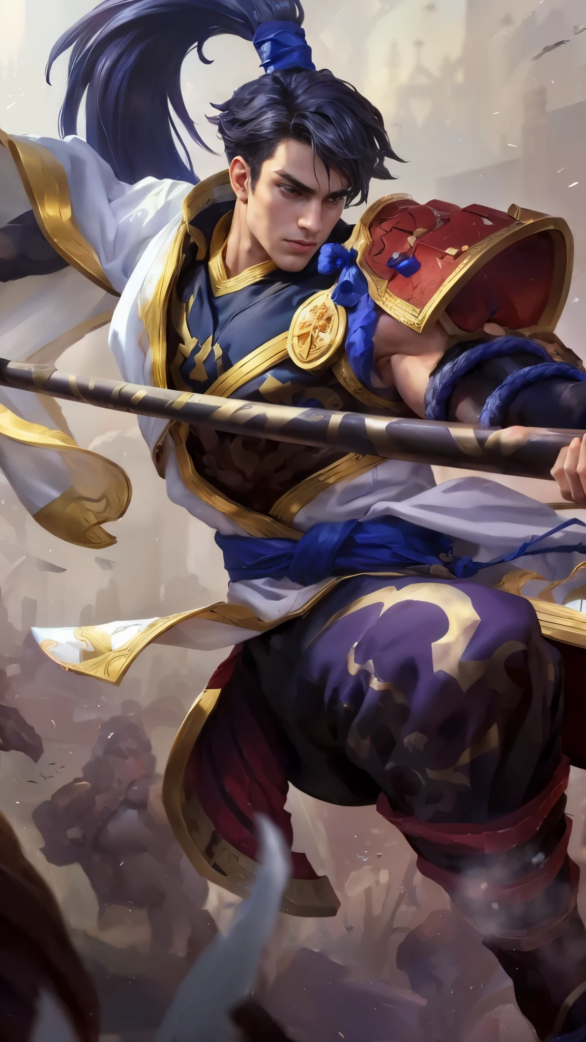 (Intricate Details, Masterpiece, Best Quality, High Resolution, 8k), (1man), (male:1.2), detailed eyes,finely detailed face, toned body, masculine appeal, commanding presence, bulging biceps and triceps, well-developed quadriceps and hamstrings, light skin, portrait, solo, half shot, detailed background, detailed face,finely detailed background, Depth of Field, VFX