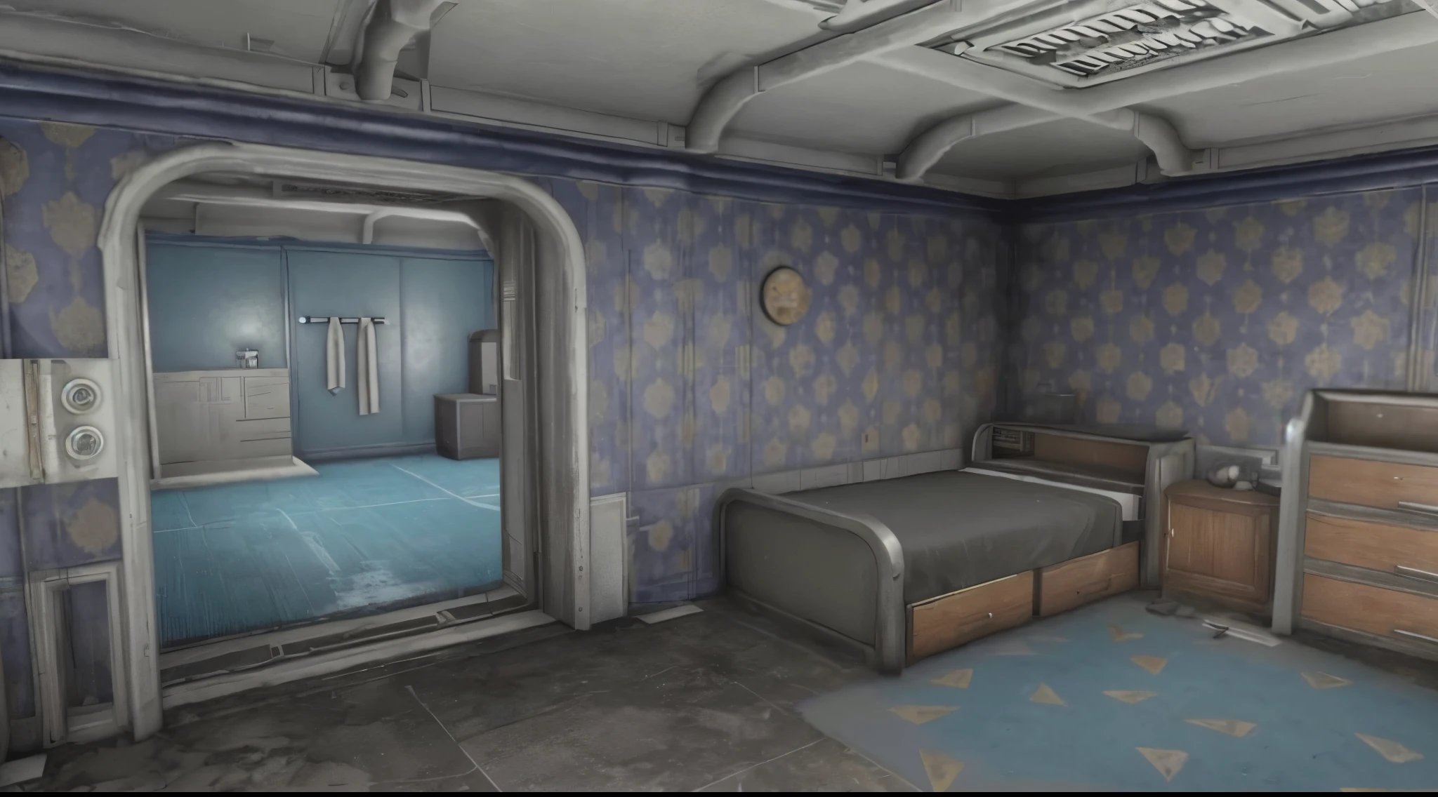 there is a room with a bed and a dresser, Located in the vault room of the bank, Habitaciones segmentadas aleatoriamente, post apocalyptic room interior, Entorno de lluvia radiactiva, scifi room, captura de pantalla de Fallout 4, Stylization for Fallout 4, Small camera. Hiperrealista, sci fi engine room living room, soviet apartment, consecuencias 4 renderizar, Interior de la casa, captura de pantalla de 'fallout 4'