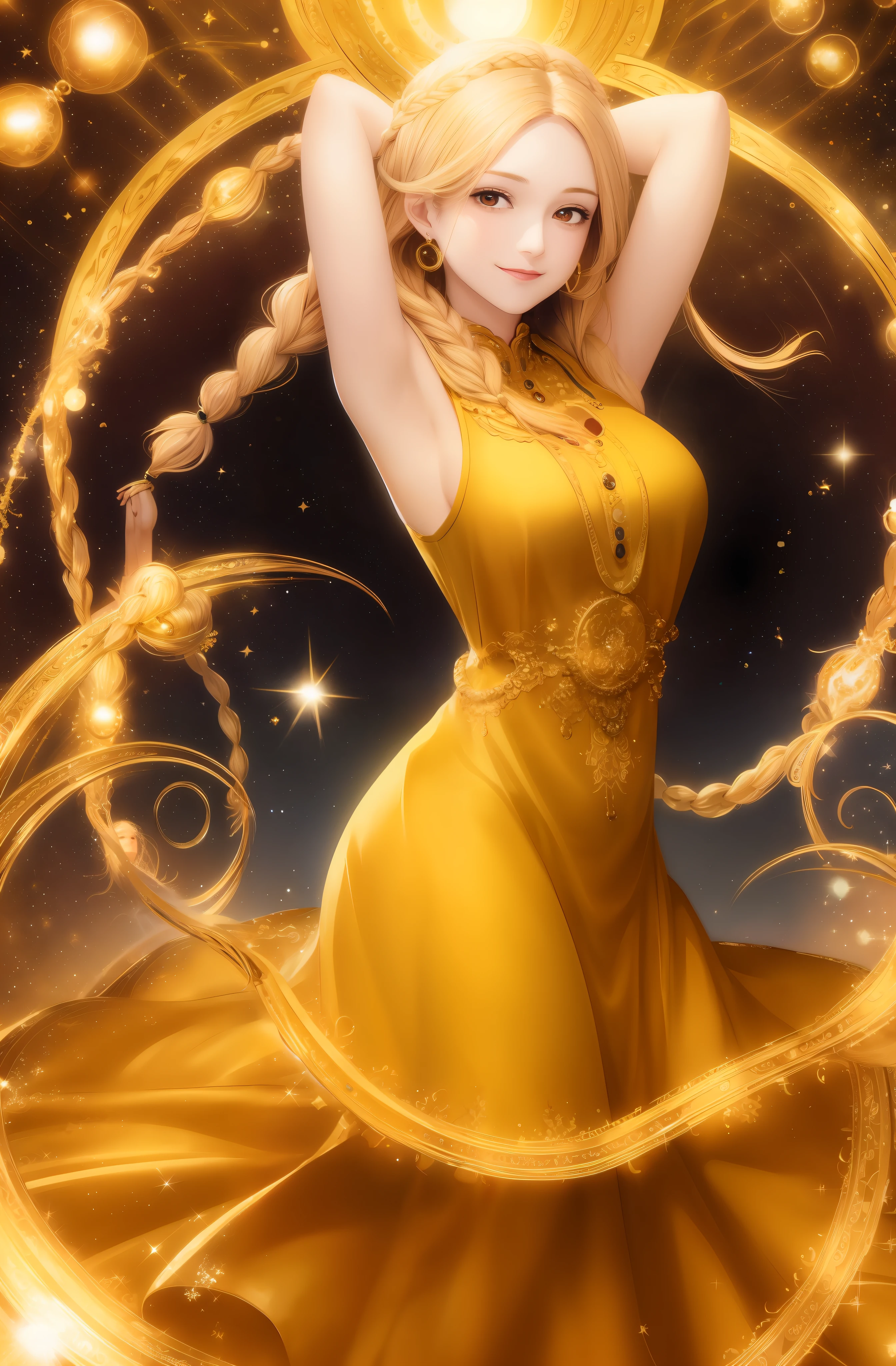 best quality, masterpiece, upper body, (adult:1.6) hungarian woman, (smirk:0.4), arms behind head, braided golden hair, sparkling eyes, victorian sundress, floating light particles, centered,