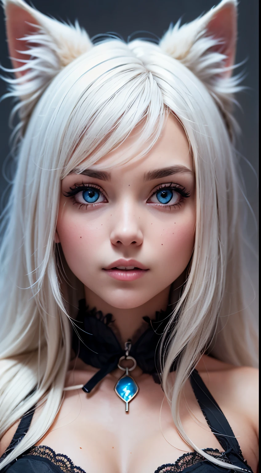 (Masterpice), (HD), (Detailed) ,( piece of art), blonde haired woman in white top and bunny ears posing for camera, scary look, very beautiful cute catgirl, beautiful young catgirl, white cat girl, perfect white haired girl, her hair is white, she has a cute face, attractive cat girl, blonde goddess, girl with short white hair, young and cute girl, she has a cute expressive face, amouranth