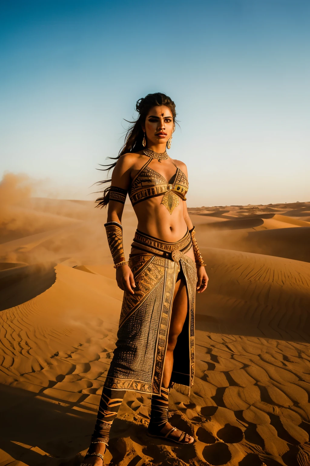 hyper ultra realistic photographs full body of A fierce desert warrior, her face painted with intricate markings, stands alone against a sandstorm, her scimitar glinting in the dying light. ratio 16:9, 4k, 8k resolution, High quality photo, high detailed images